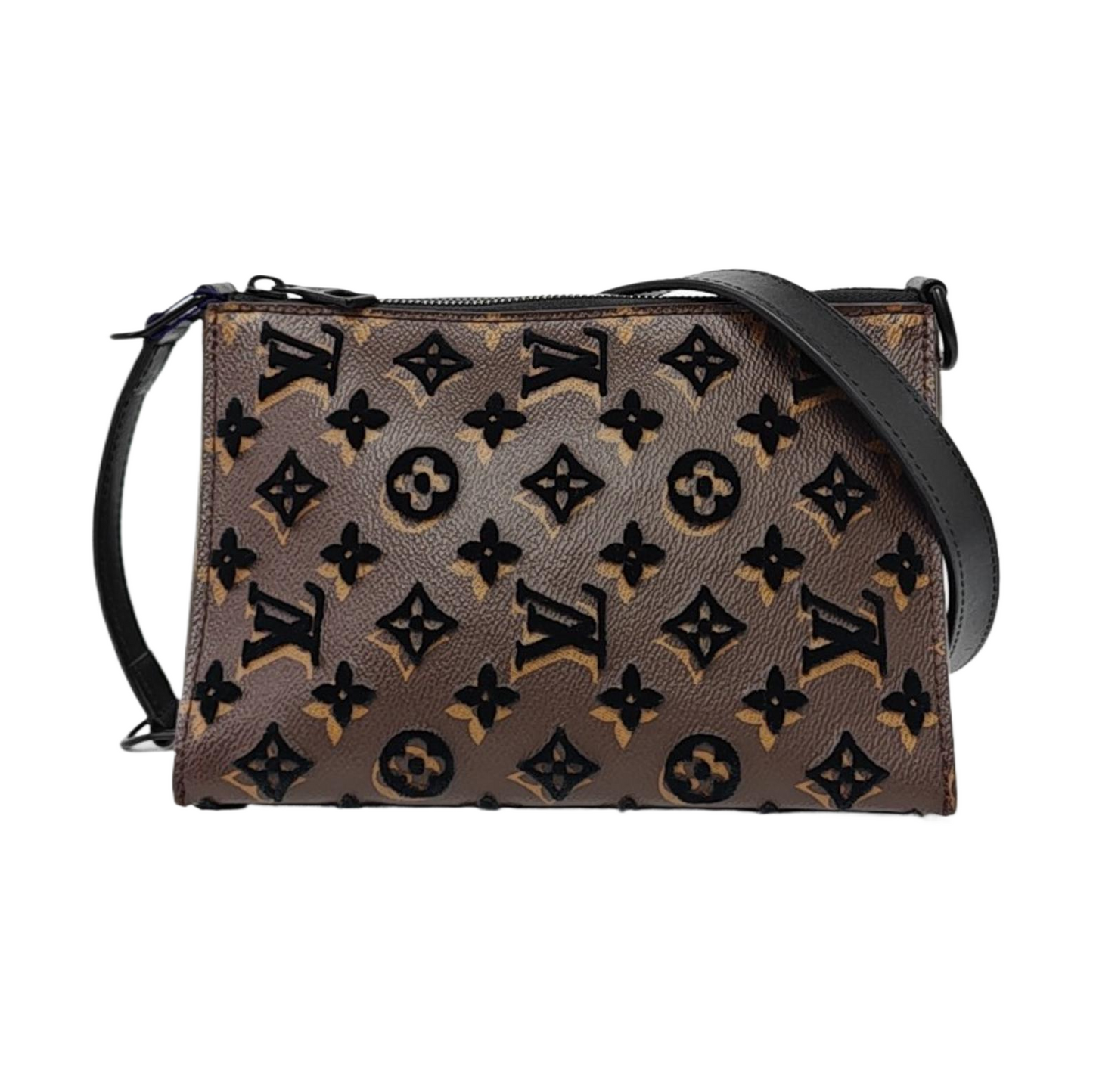 LOUIS VUITTON TRIANGLE Brown Coated Canvas Monogram Embroidered Messenger Bag Crossbody Handbag Shoulder Bag Black Hardware Detachable Strap-(SKU)-965410555