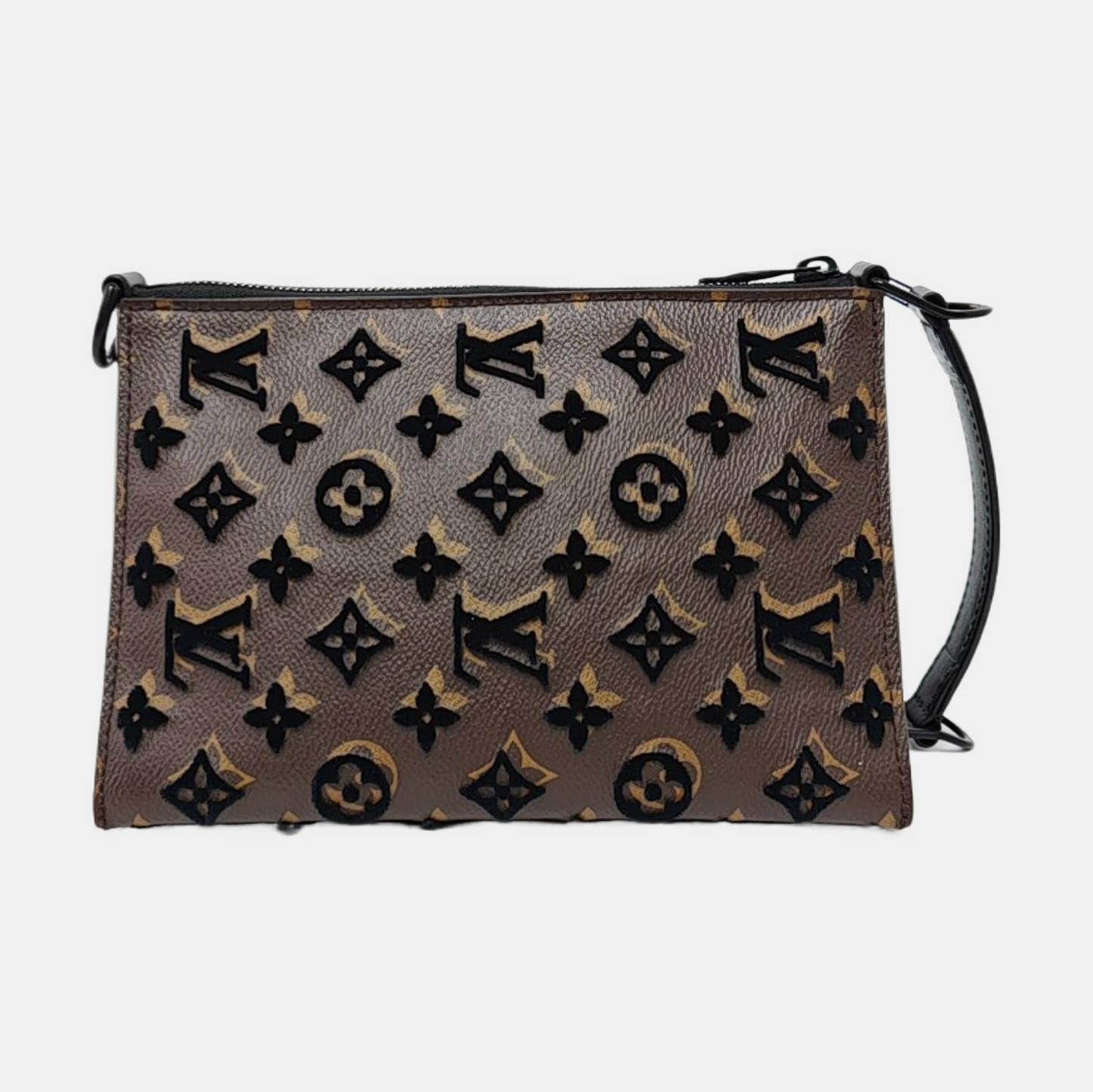 LOUIS VUITTON TRIANGLE Brown Coated Canvas Monogram Embroidered Messenger Bag Crossbody Handbag Shoulder Bag Black Hardware Detachable Strap-(SKU)-965410555