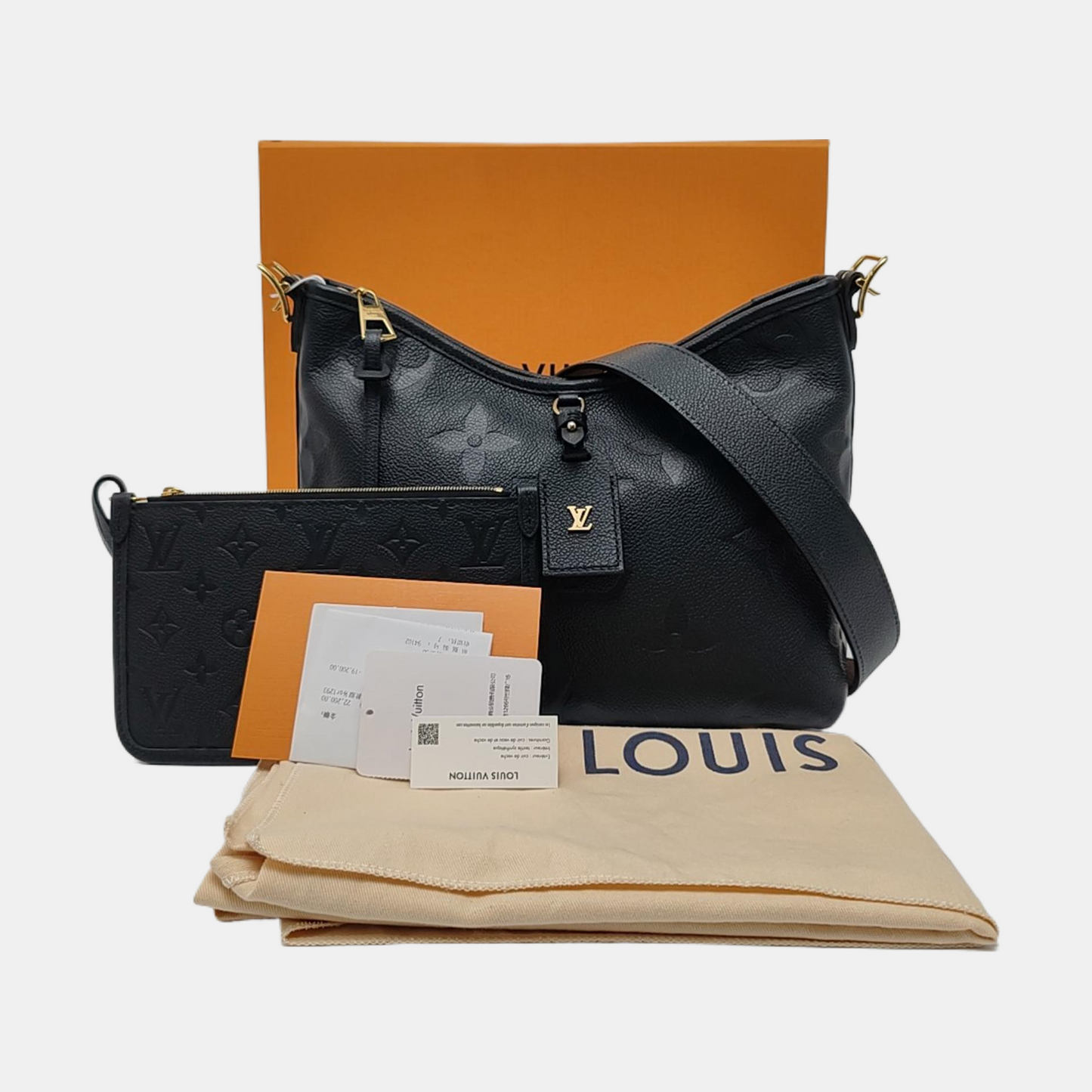 LOUIS VUITTON CARRYALL Small size black leather Monogram embossed black samurai crossbody bag, gold hardware, interior pocket, removable shoulder strap, complete accessories-(SKU)-967863888