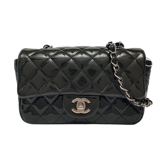 CHANEL CLASSIC FLAP Mini Deep Green Patent Leather Quilted Large Mini Shoulder Bag Silver Hardware 20 Clasp-(SKU)-968080127