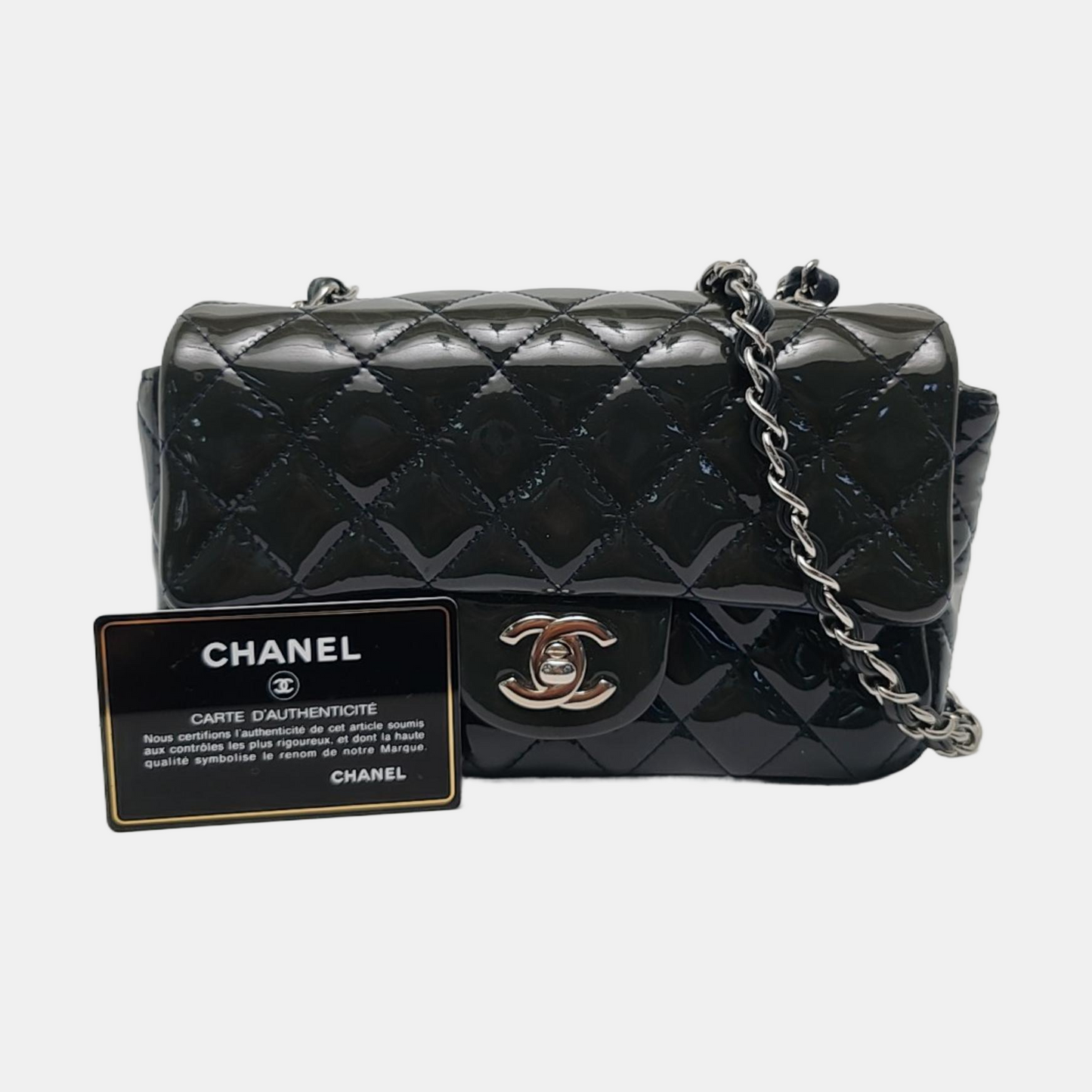 CHANEL CLASSIC FLAP Mini Deep Green Patent Leather Quilted Large Mini Shoulder Bag Silver Hardware 20 Clasp-(SKU)-968080127