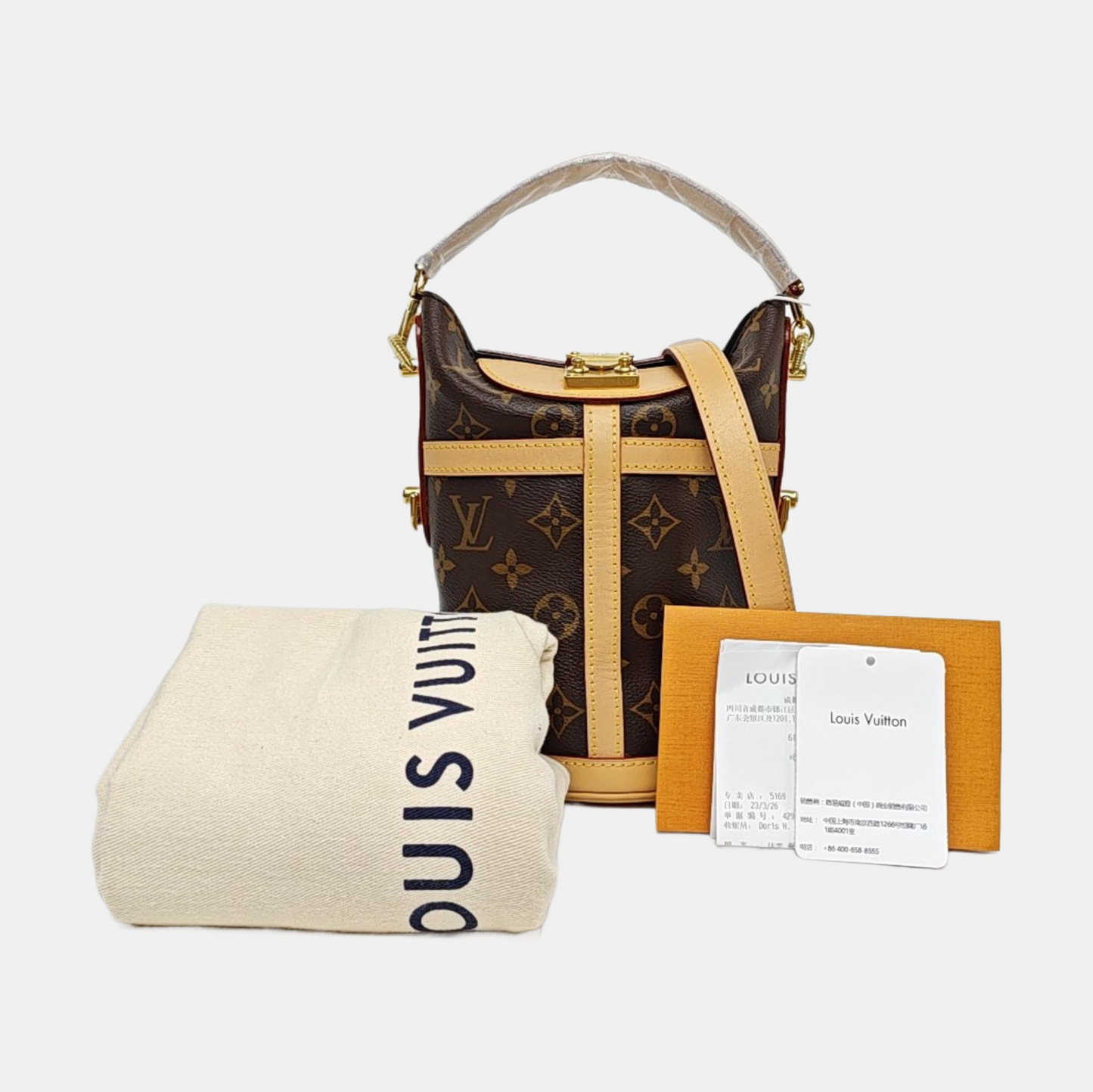 LOUIS VUITTON DUFFLE Brown Coated Canvas Monogram Fries Bag Crossbody Shoulder Bag Tote Bag Single Shoulder Bag Gold Hardware Removable Shoulder Strap-(SKU)-968118002