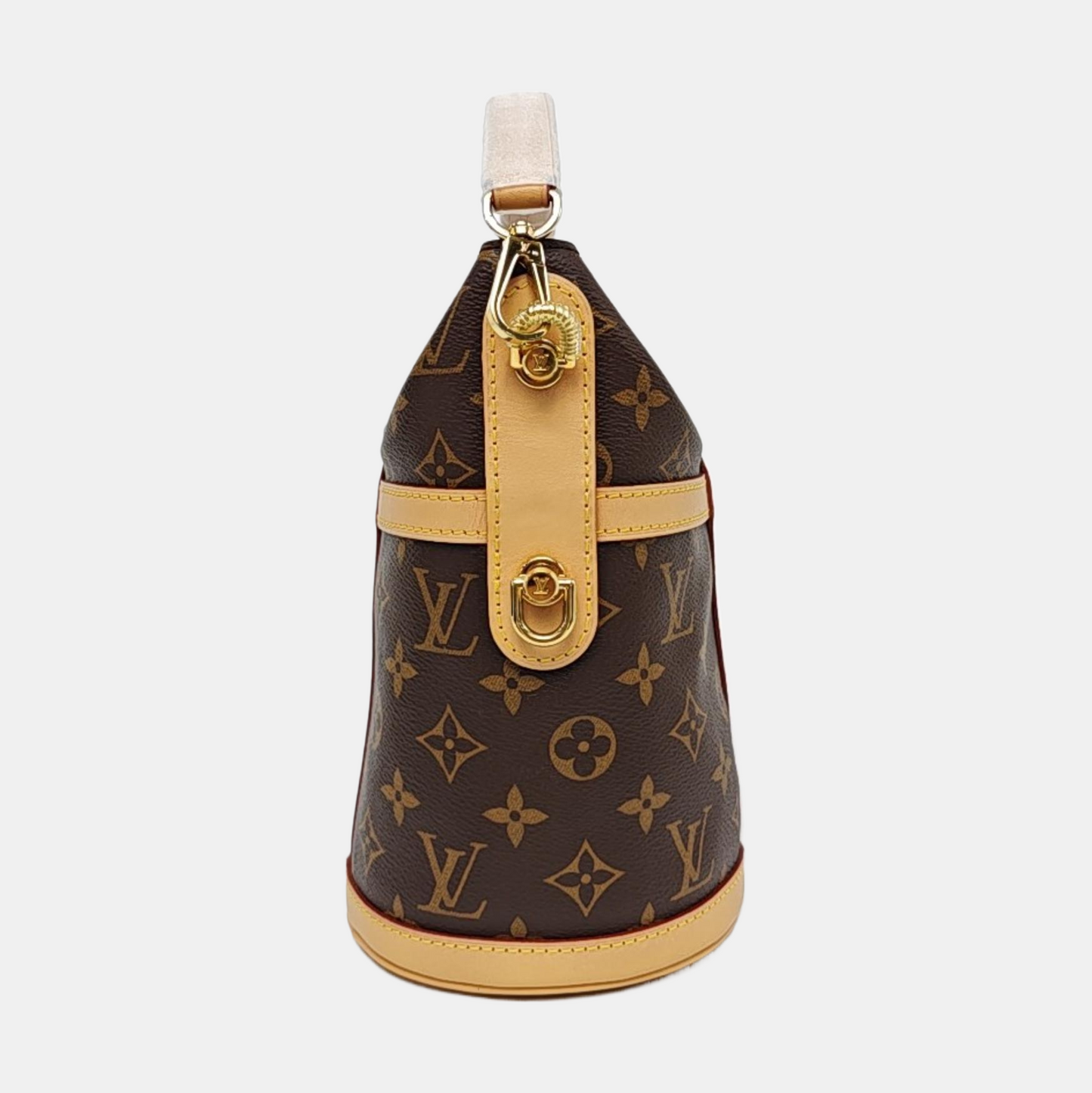 LOUIS VUITTON DUFFLE Brown Coated Canvas Monogram Fries Bag Crossbody Shoulder Bag Tote Bag Single Shoulder Bag Gold Hardware Removable Shoulder Strap-(SKU)-968118002