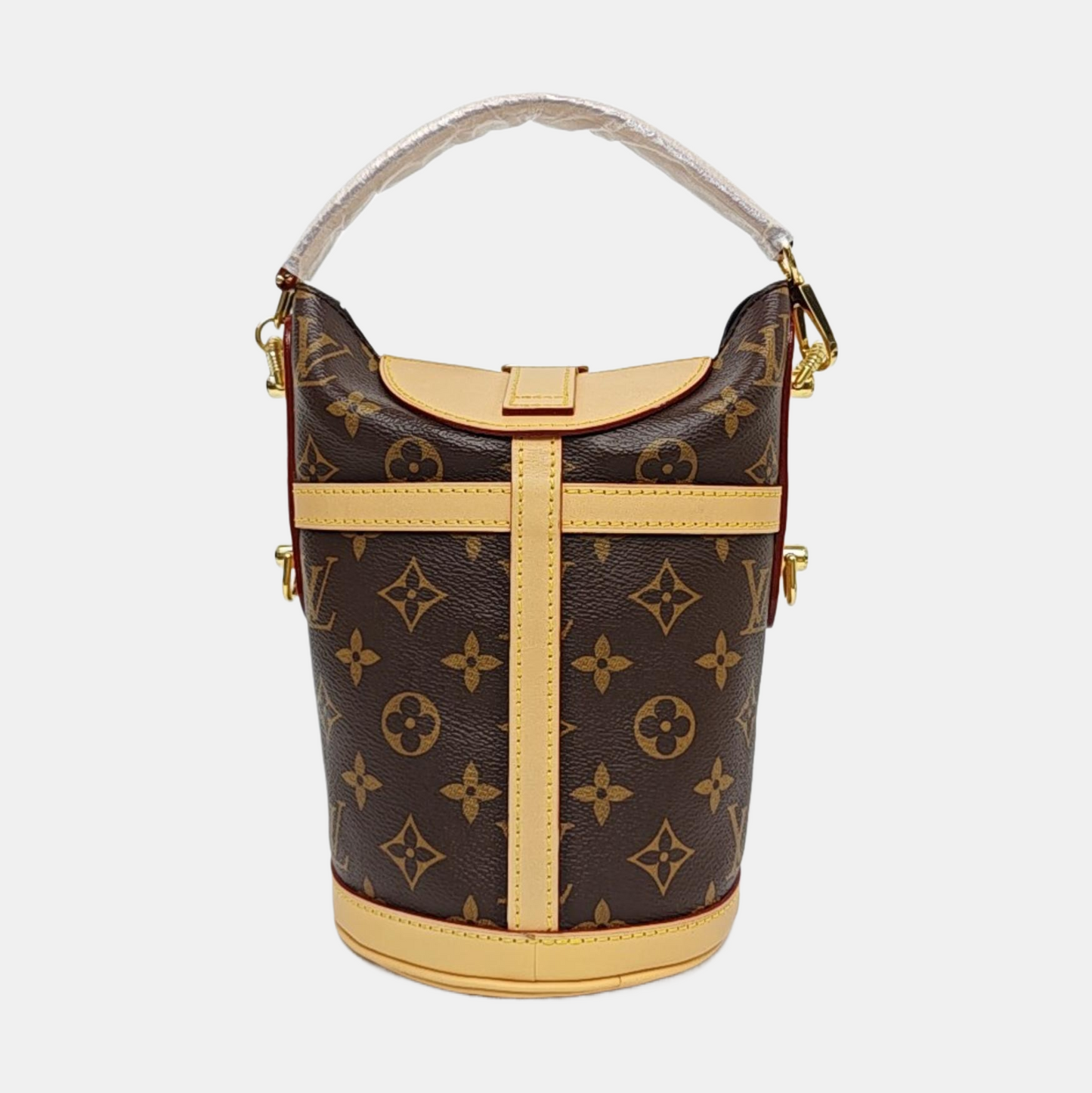 LOUIS VUITTON DUFFLE Brown Coated Canvas Monogram Fries Bag Crossbody Shoulder Bag Tote Bag Single Shoulder Bag Gold Hardware Removable Shoulder Strap-(SKU)-968118002