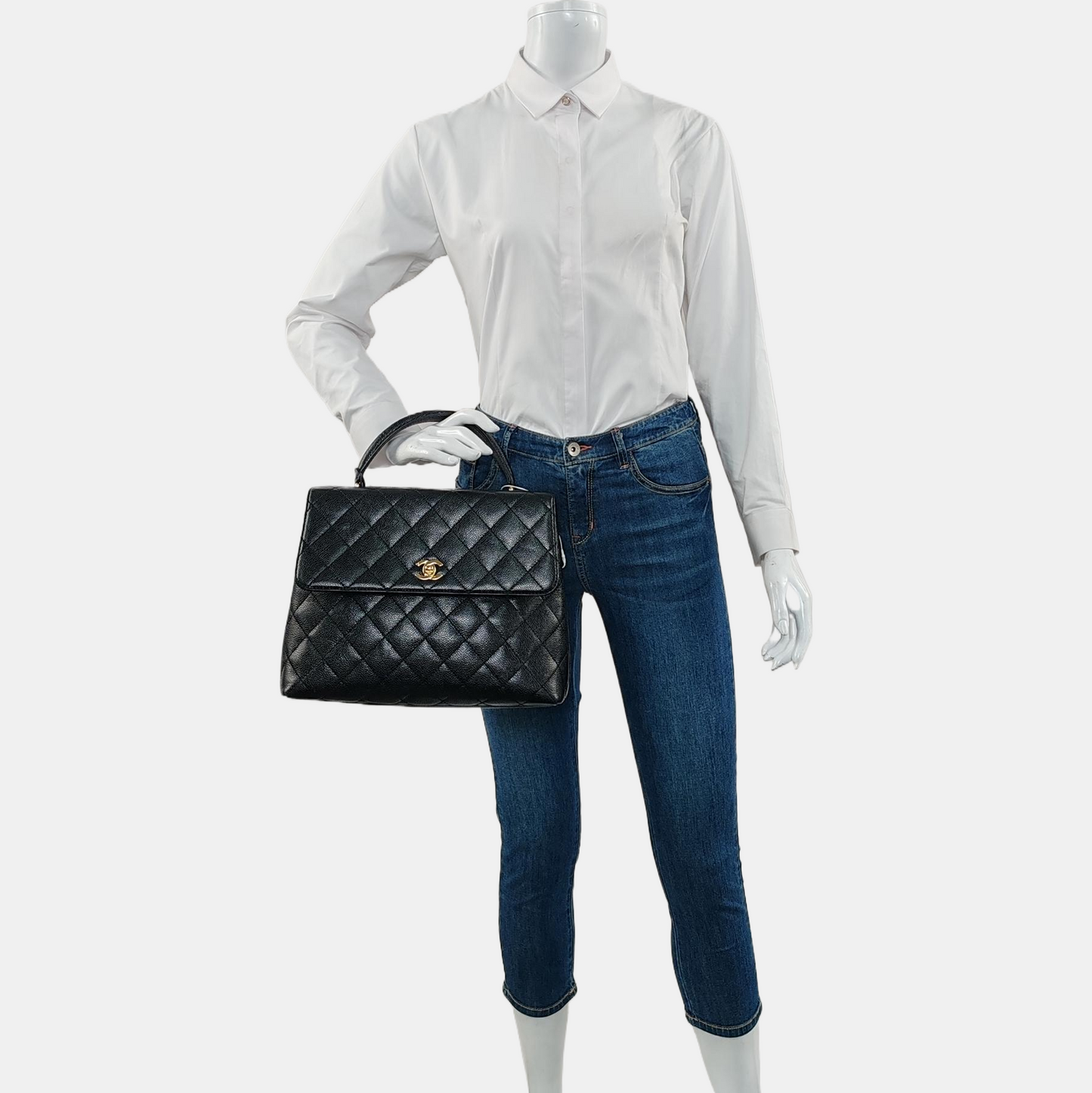 CHANEL VINTAGE KELLY Black Calfskin Quilted Leather Tote Bag Golden Hardware 7 Clasp-(SKU)-966795057