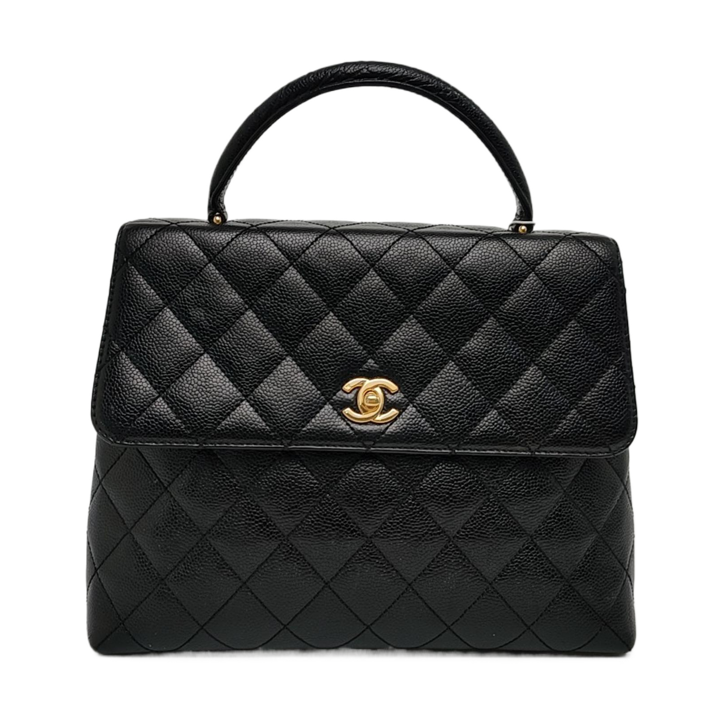 CHANEL VINTAGE KELLY Black Calfskin Quilted Leather Tote Bag Golden Hardware 7 Clasp-(SKU)-966795057