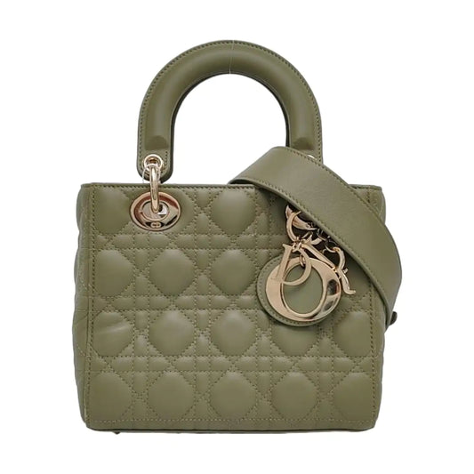 DIOR Lady Dior Small Green Lamb Skin Quilted Cannage Four-Gusset Shoulder Bag with Golden Hardware and Detachable Strap-(SKU)-968039587