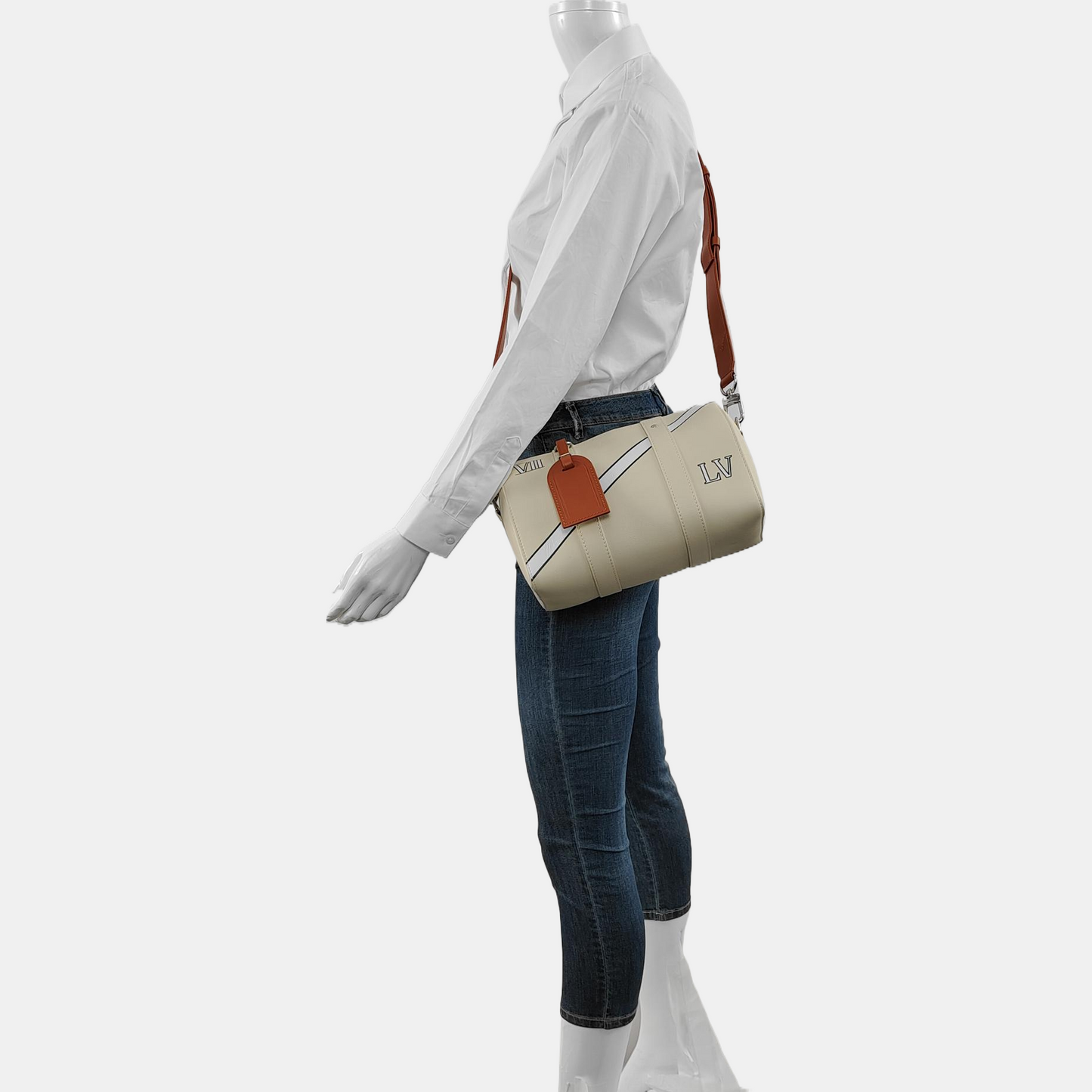 LOUIS VUITTON KEEPALL Beige Leather Boston Bag Single Shoulder Bag Crossbody Bag Silver Hardware Removable Strap-(SKU)-968088625