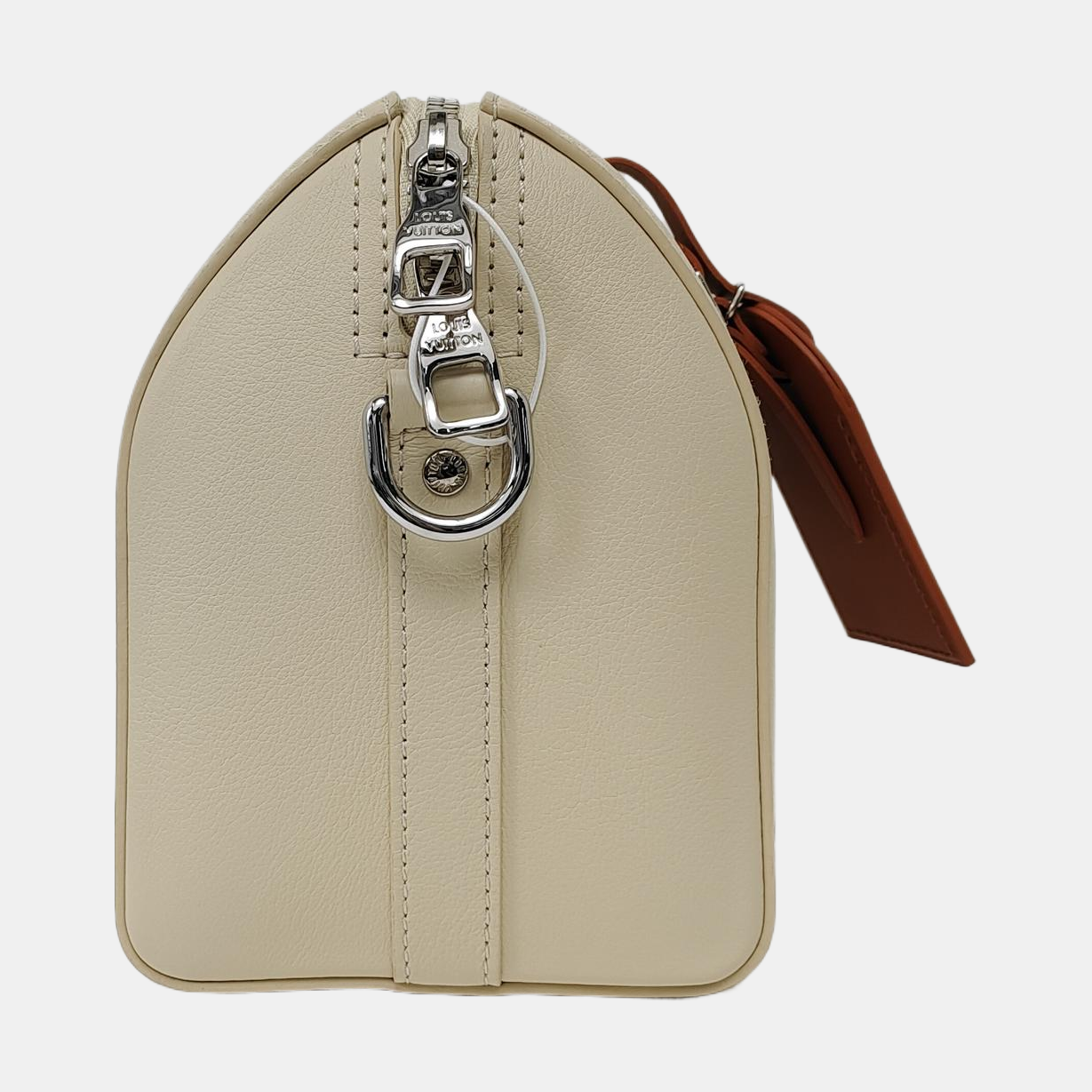 LOUIS VUITTON KEEPALL Beige Leather Boston Bag Single Shoulder Bag Crossbody Bag Silver Hardware Removable Strap-(SKU)-968088625