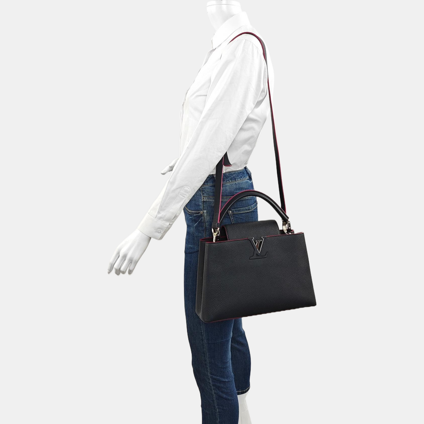 LOUIS VUITTON CAPUCINES Medium Size Black Calfskin Single Shoulder Bag Crossbody Handbag Silver Hardware Removable Shoulder Strap-(SKU)-968015408