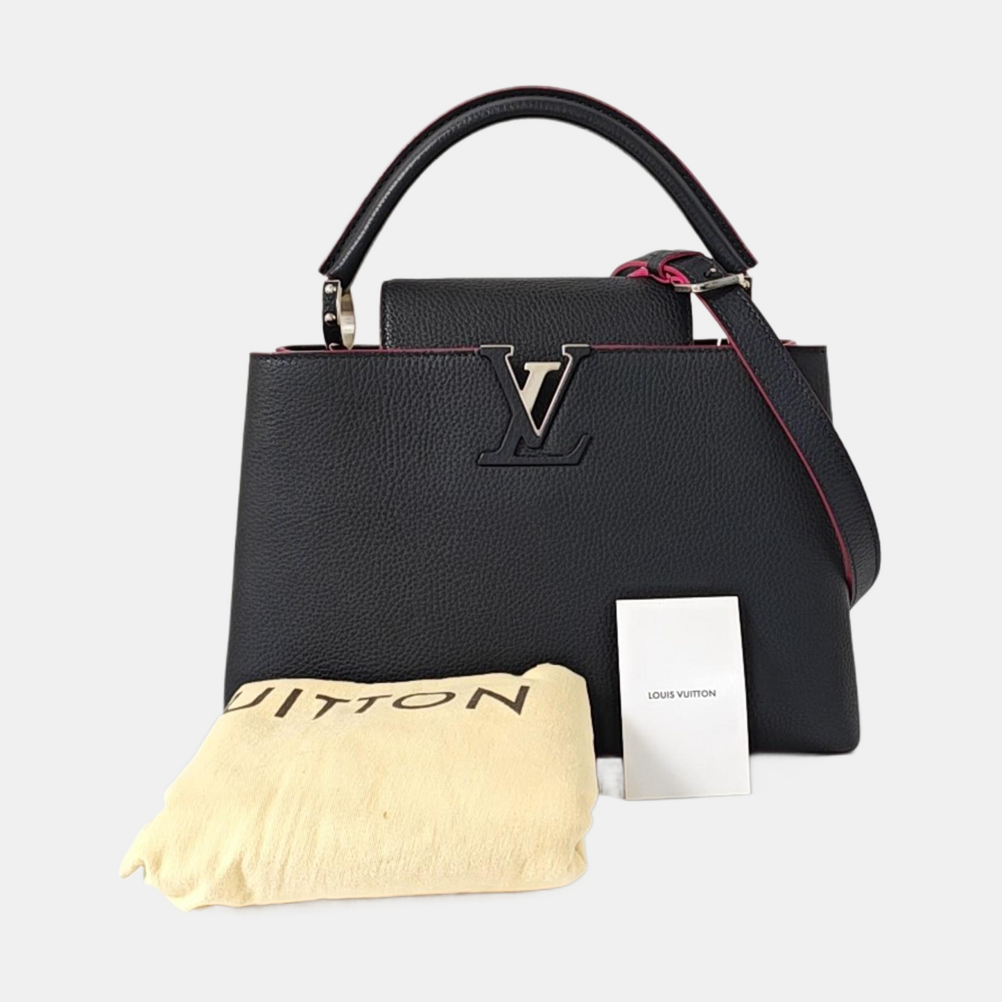 LOUIS VUITTON CAPUCINES Medium Size Black Calfskin Single Shoulder Bag Crossbody Handbag Silver Hardware Removable Shoulder Strap-(SKU)-968015408
