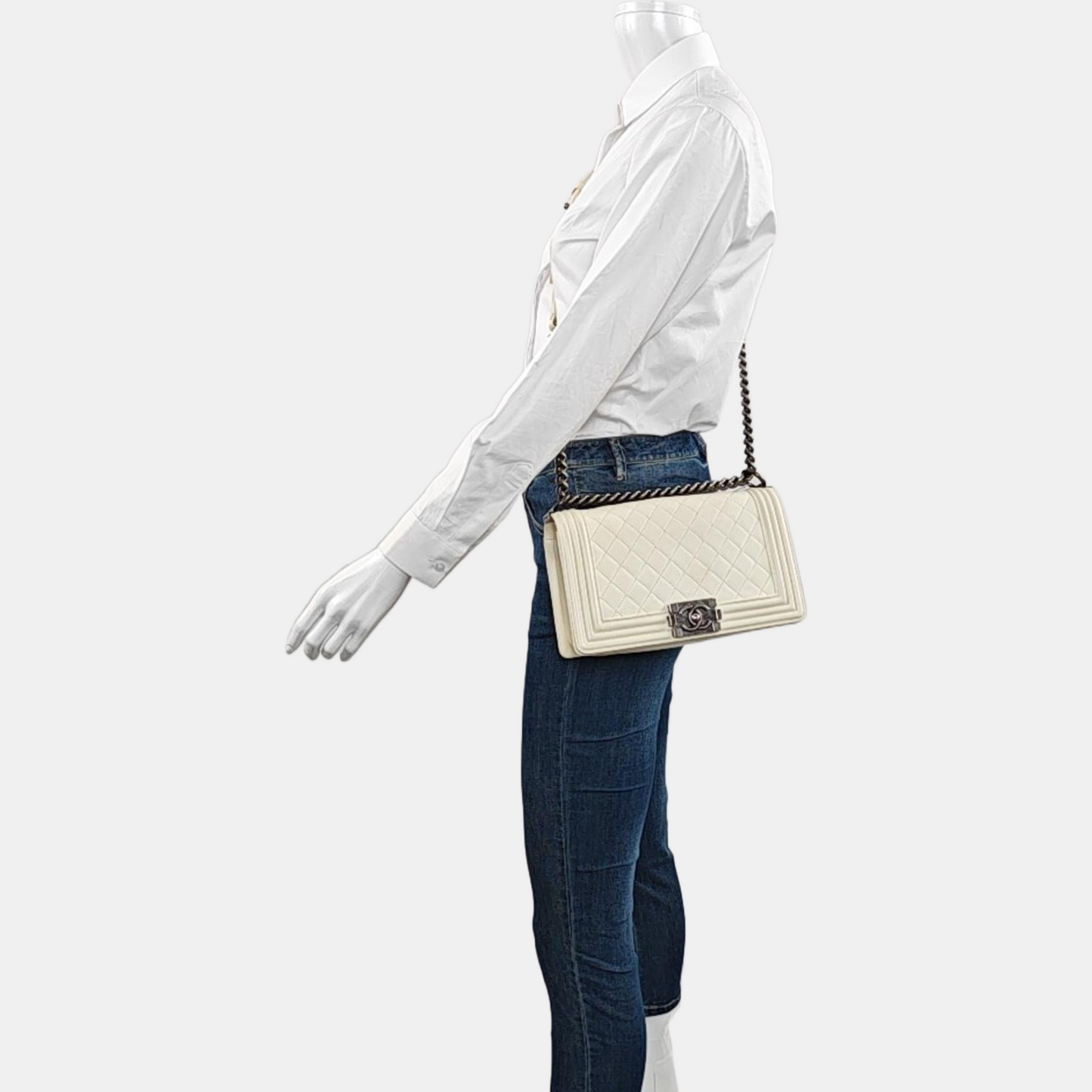 CHANEL BOY CHANEL Medium Size White Lamb Calfskin Quilted Chevron Crossbody Shoulder Bag Rhodium Plated Hardware 18 Clasp Removable Shoulder Strap-(SKU)-968095013