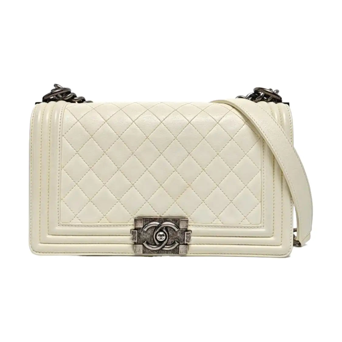 CHANEL BOY CHANEL Medium Size White Lamb Calfskin Quilted Chevron Crossbody Shoulder Bag Rhodium Plated Hardware 18 Clasp Removable Shoulder Strap-(SKU)-968095013