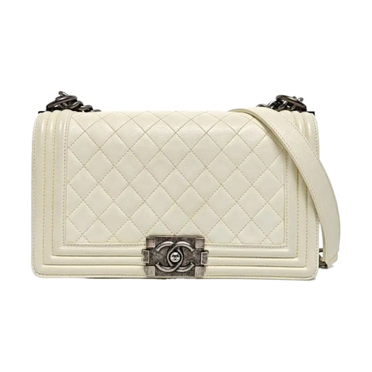 CHANEL BOY CHANEL Medium Size White Lamb Calfskin Quilted Chevron Crossbody Shoulder Bag Rhodium Plated Hardware 18 Clasp Removable Shoulder Strap-(SKU)-968095013