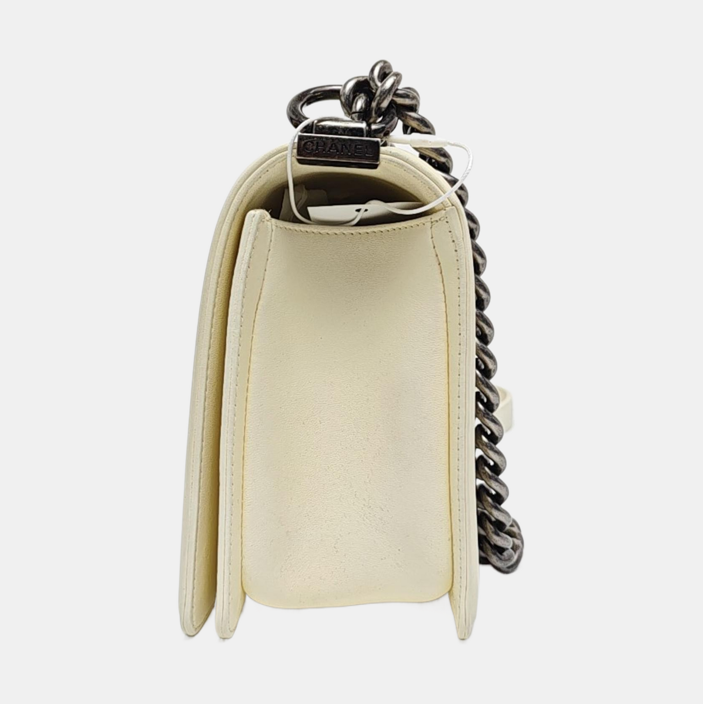 CHANEL BOY CHANEL Medium Size White Lamb Calfskin Quilted Chevron Crossbody Shoulder Bag Rhodium Plated Hardware 18 Clasp Removable Shoulder Strap-(SKU)-968095013