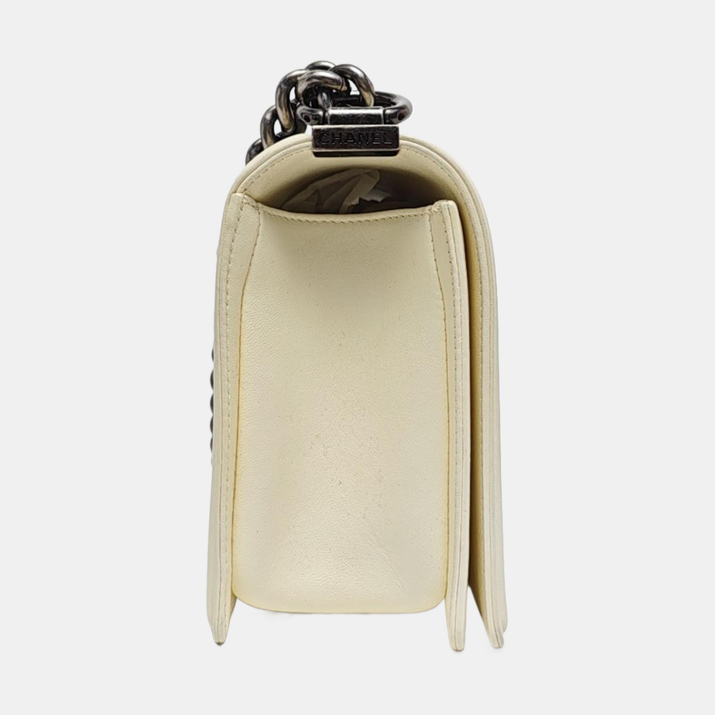CHANEL BOY CHANEL Medium Size White Lamb Calfskin Quilted Chevron Crossbody Shoulder Bag Rhodium Plated Hardware 18 Clasp Removable Shoulder Strap-(SKU)-968095013
