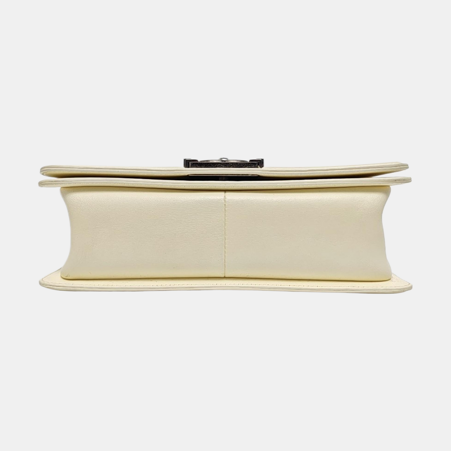 CHANEL BOY CHANEL Medium Size White Lamb Calfskin Quilted Chevron Crossbody Shoulder Bag Rhodium Plated Hardware 18 Clasp Removable Shoulder Strap-(SKU)-968095013