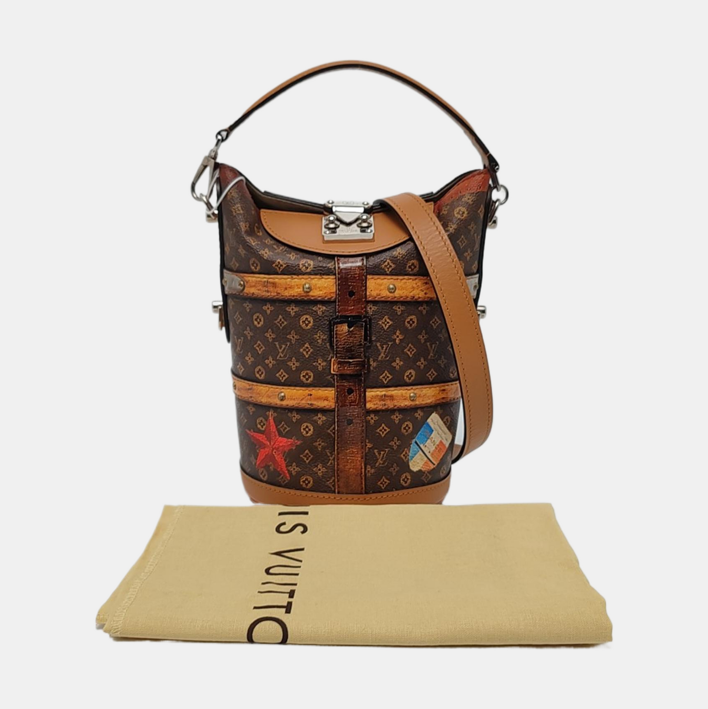 LOUIS VUITTON DUFFLE Brown Coated Canvas Monogram French Fry Shoulder Bag with Shoulder Strap, Silver Hardware, Removable Shoulder Strap-(SKU)-968214373