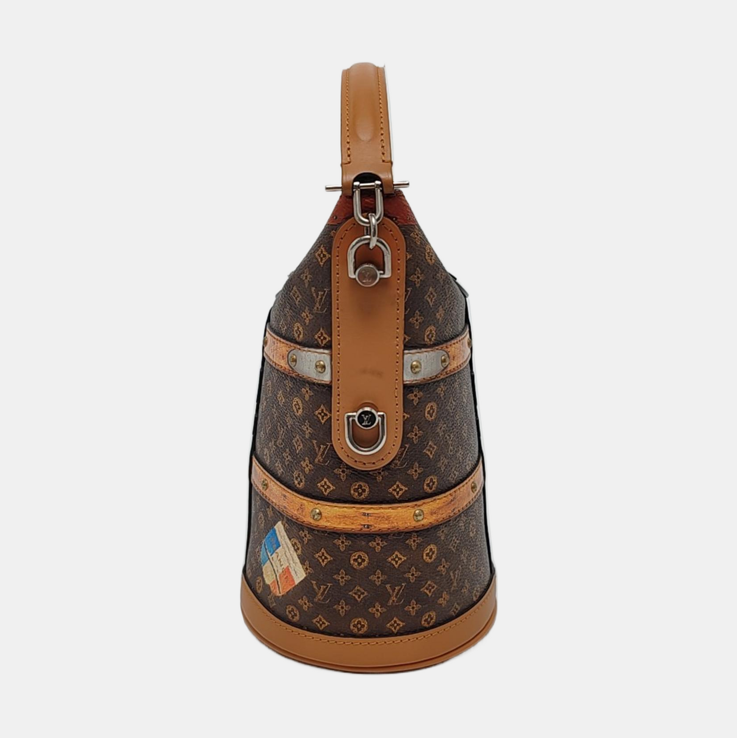 LOUIS VUITTON DUFFLE Brown Coated Canvas Monogram French Fry Shoulder Bag with Shoulder Strap, Silver Hardware, Removable Shoulder Strap-(SKU)-968214373