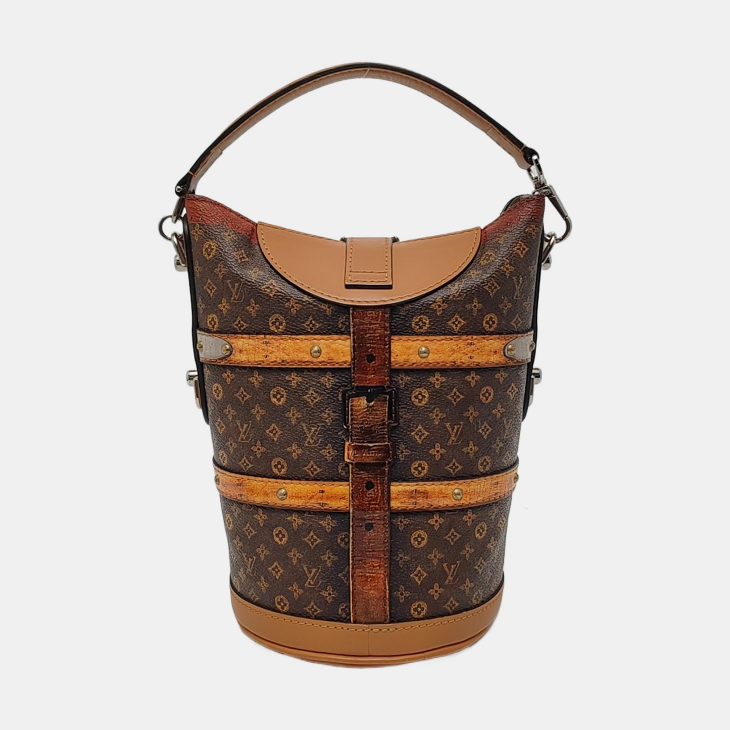 LOUIS VUITTON DUFFLE Brown Coated Canvas Monogram French Fry Shoulder Bag with Shoulder Strap, Silver Hardware, Removable Shoulder Strap-(SKU)-968214373