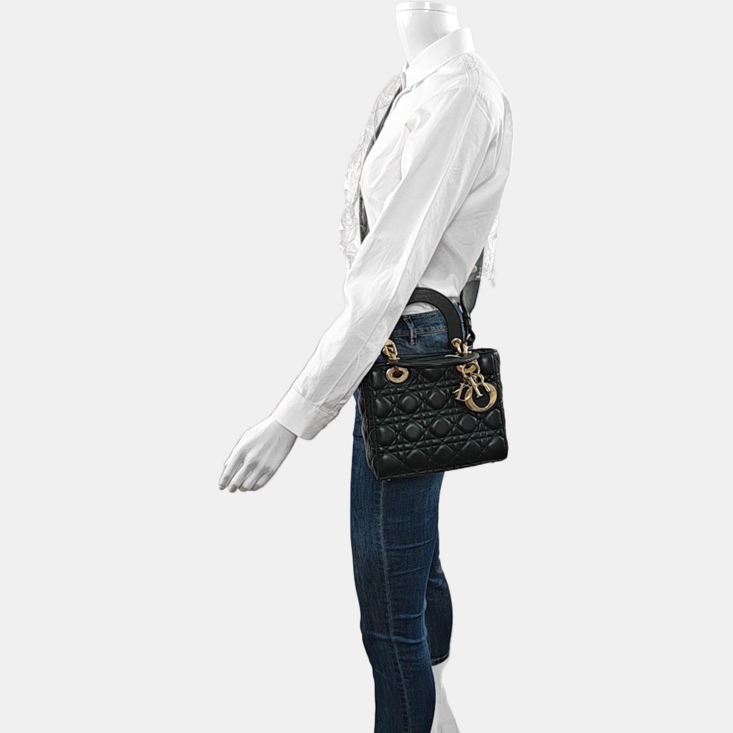 DIOR Lady Dior Small Dark Green Lamb Skin Quilted Diagonal Bag 4-Compartment Single Shoulder Bag Crossbody Handbag with Gold Hardware and Removable Shoulder Strap-(SKU)-968076065