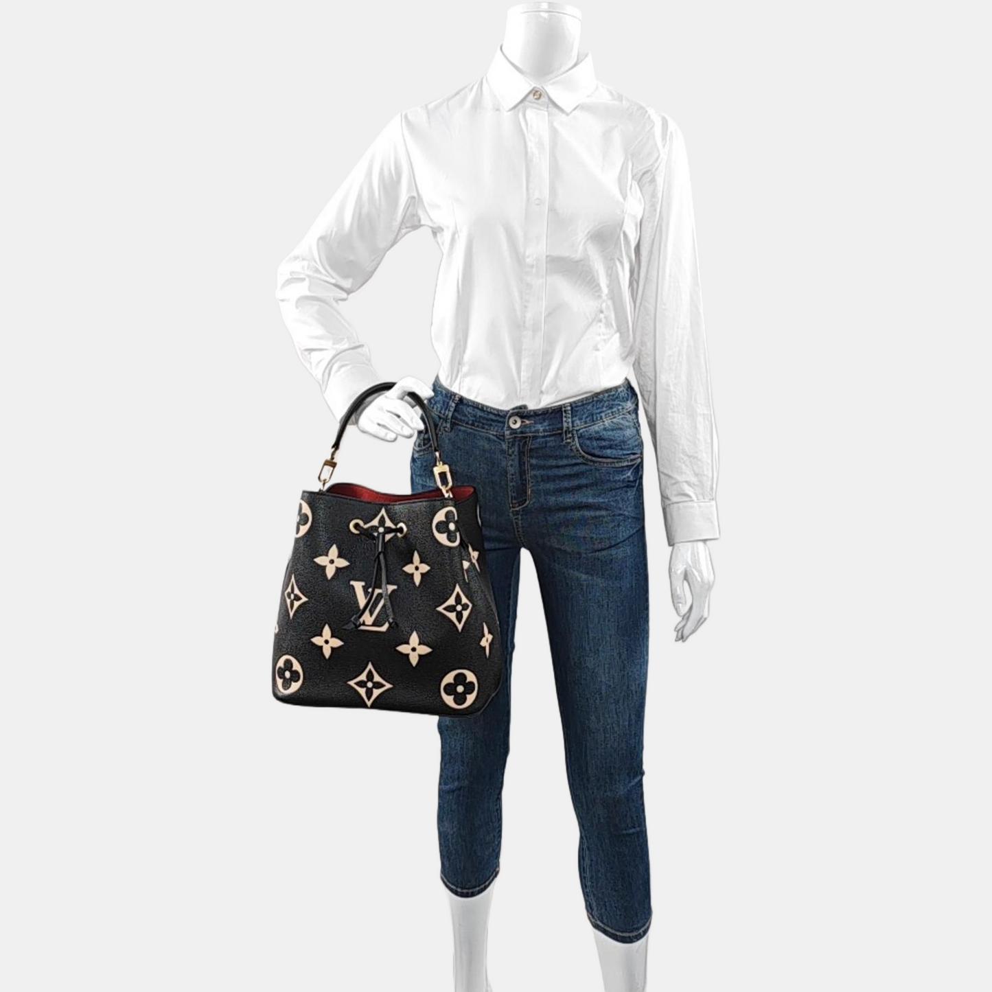 LOUIS VUITTON NÉONOÉ Medium Black Leather Monogram Crinkle Bucket Bag Shoulder Bag Tote Crossbody Bag with Gold Hardware and Removable Strap-(SKU)-968406852