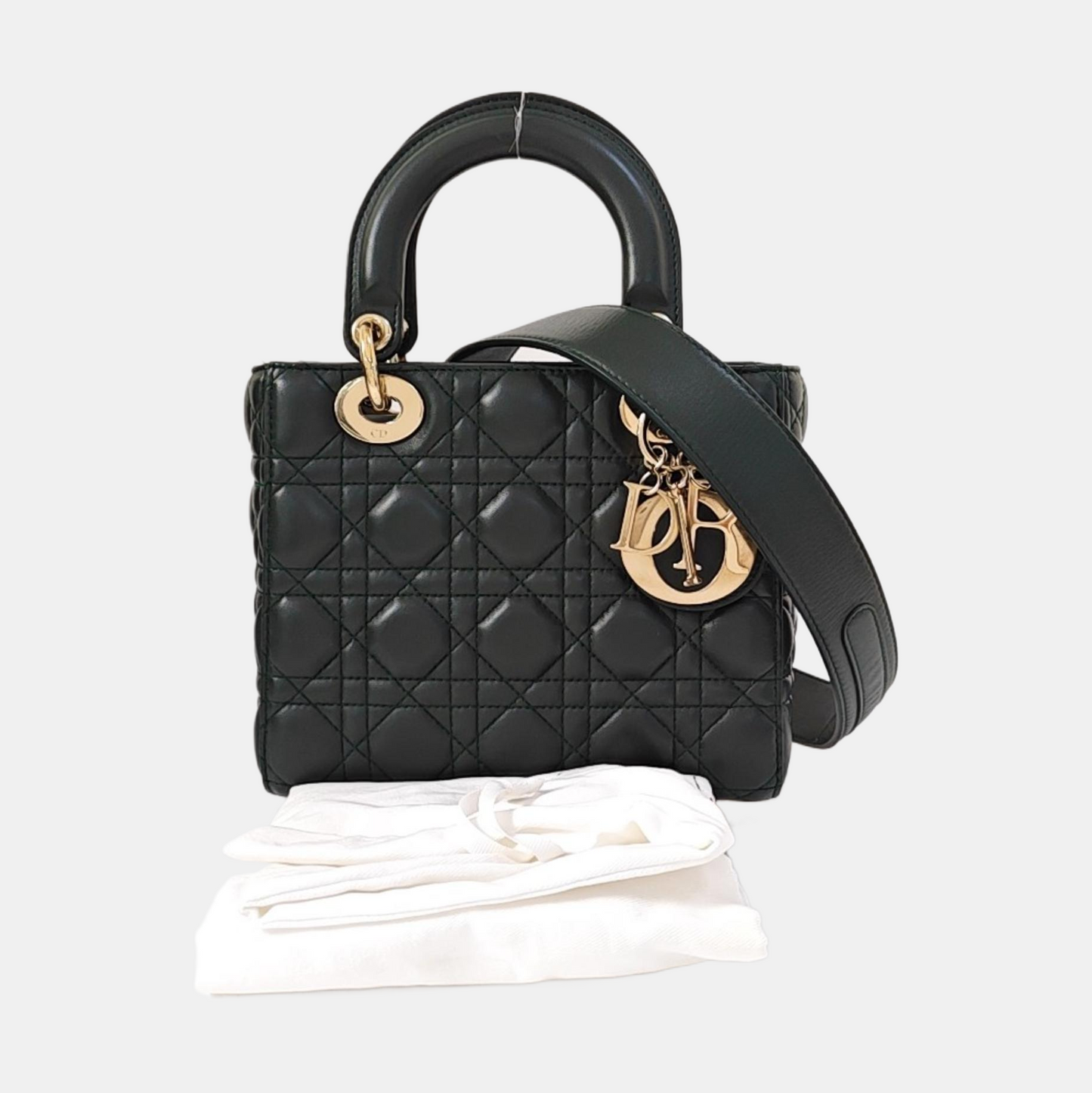 DIOR Lady Dior Small Dark Green Lamb Skin Quilted Diagonal Bag 4-Compartment Single Shoulder Bag Crossbody Handbag with Gold Hardware and Removable Shoulder Strap-(SKU)-968076065