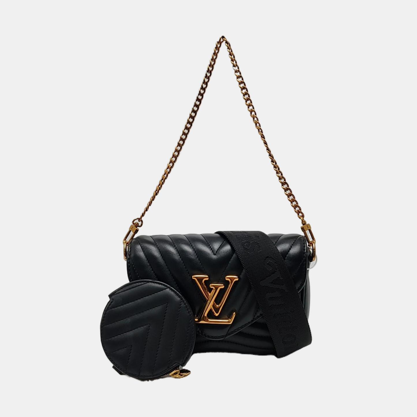 LOUIS VUITTON NEW WAVE Black Leather Quilted Shoulder Bag Tote Bag Gold Hardware Removable Strap 2 Inner Pockets-(SKU)-968345759