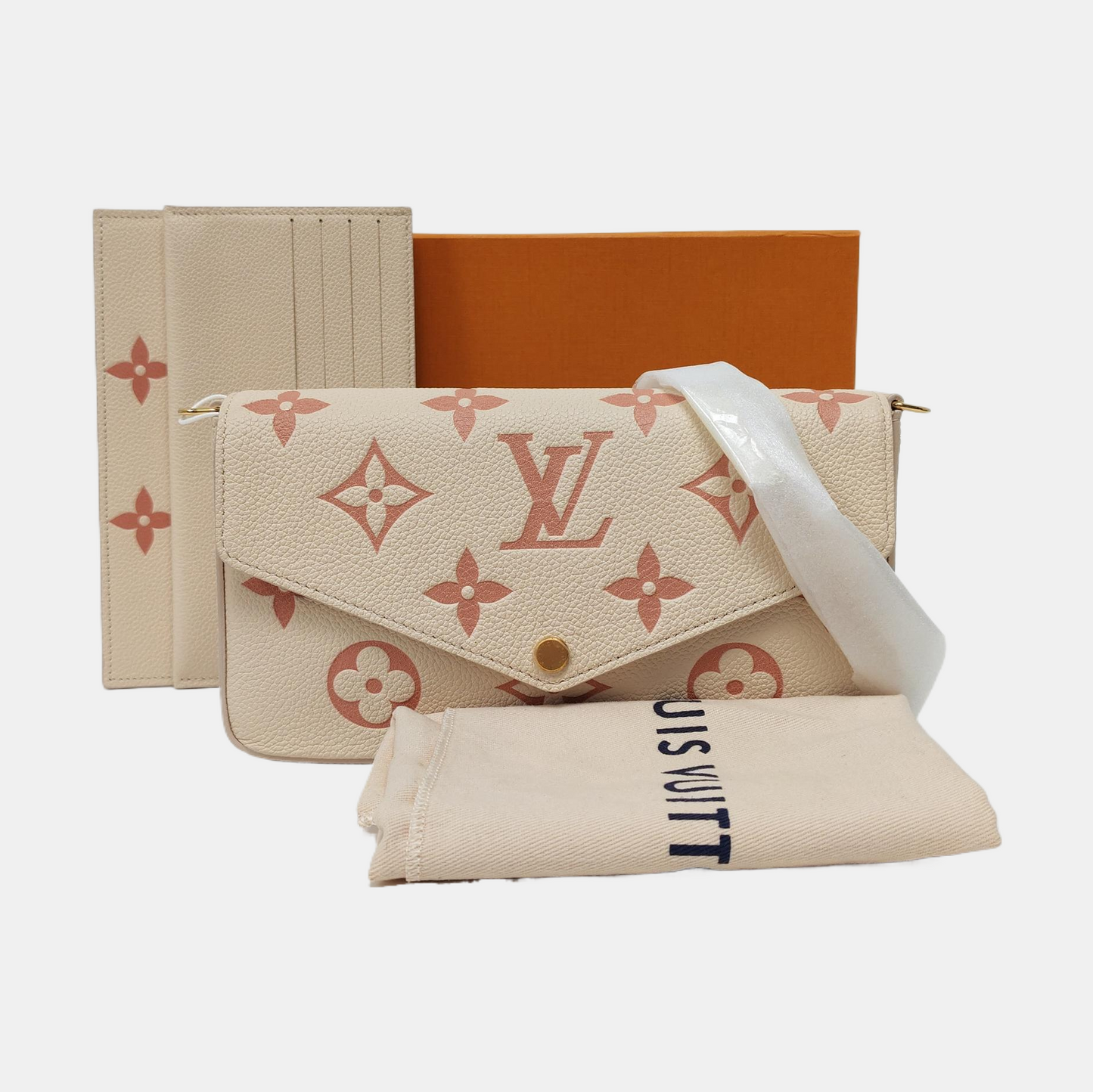 LOUIS VUITTON FÉLICIE Small White Leather Monogram Damier Ebene Crossbody Tote Shoulder Bag Golden Hardware Removable Shoulder Strap with Detachable Pocket-(SKU)-968236375