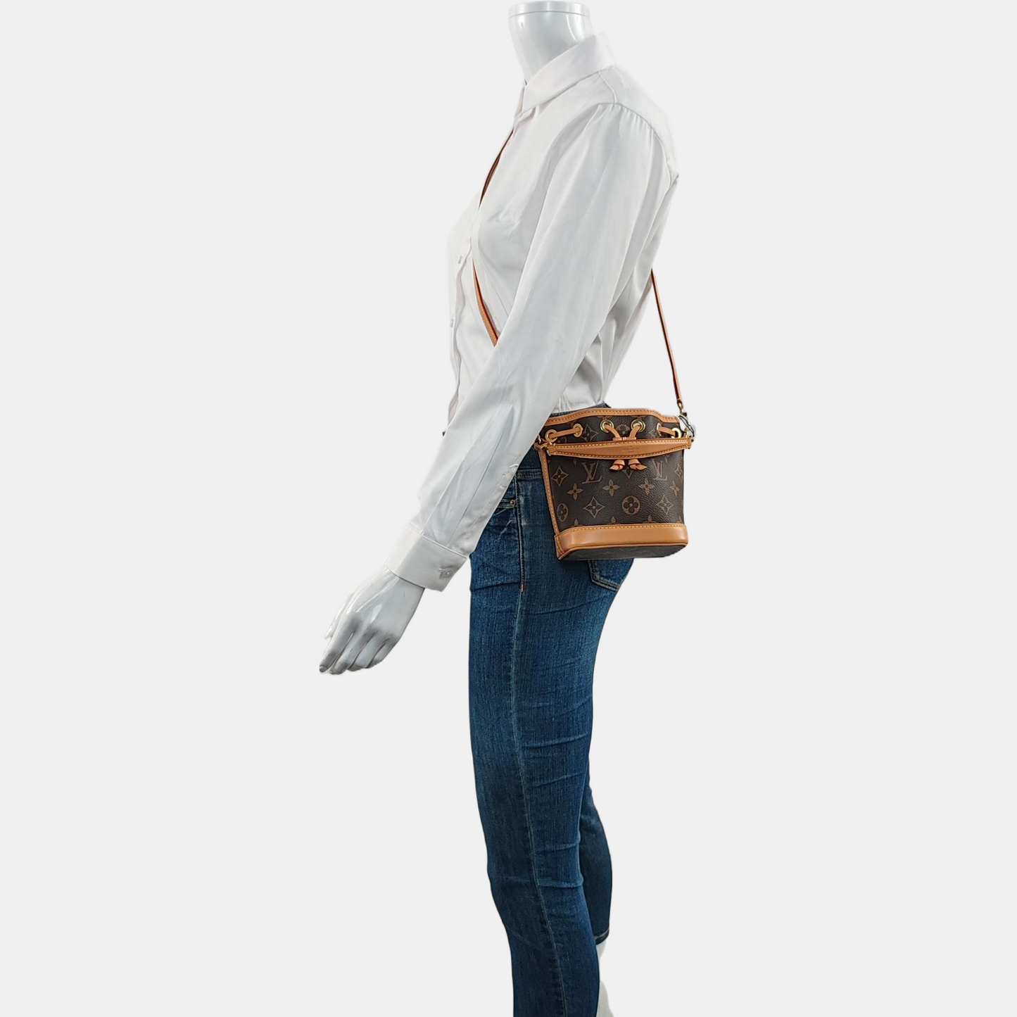 LOUIS VUITTON NOÉ Nano Brown Coated Canvas Monogram Bucket Bag Crossbody Handbag Single Shoulder Bag Removable Strap Gold Hardware 2 Removable Straps-(SKU)-968563744