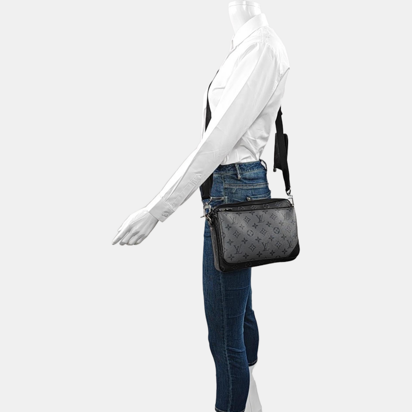 LOUIS VUITTON TRIO Gray Coated Canvas Monogram Messenger Bag Black Samurai Crossbody Bag Shoulder Bag Silver Hardware Pockets Removable Strap-(SKU)-968551162