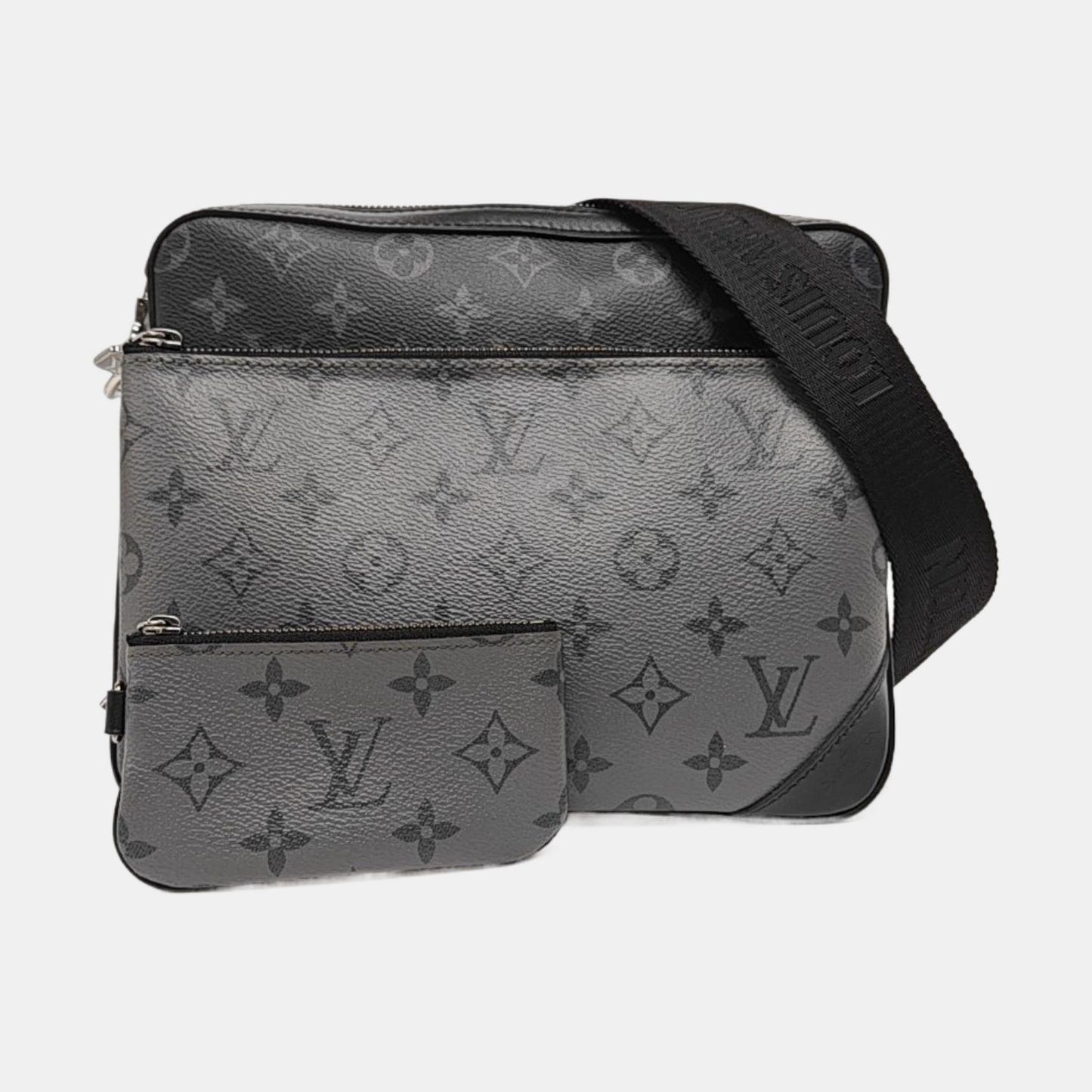 LOUIS VUITTON TRIO Gray Coated Canvas Monogram Messenger Bag Black Samurai Crossbody Bag Shoulder Bag Silver Hardware Pockets Removable Strap-(SKU)-968551162