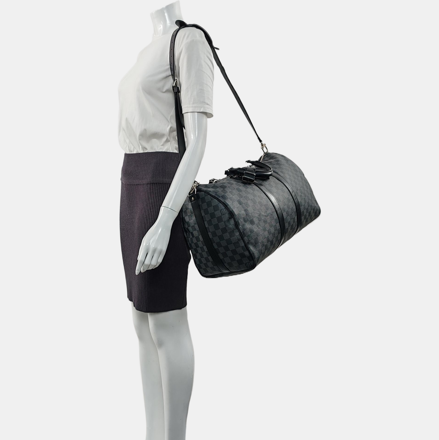 LOUIS VUITTON KEEPALL 45 Grey Coated Canvas Monogram Checkered Shoulder Bag Tote Bag Crossbody Strap-(SKU)-968716297