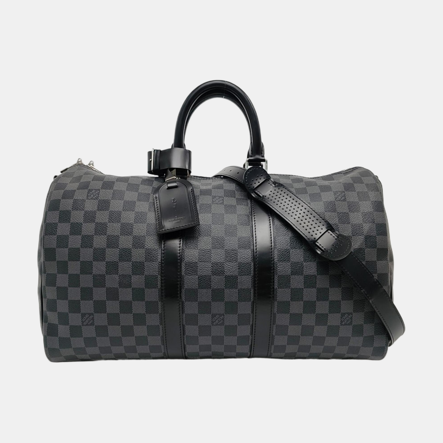 LOUIS VUITTON KEEPALL 45 Grey Coated Canvas Monogram Checkered Shoulder Bag Tote Bag Crossbody Strap-(SKU)-968716297