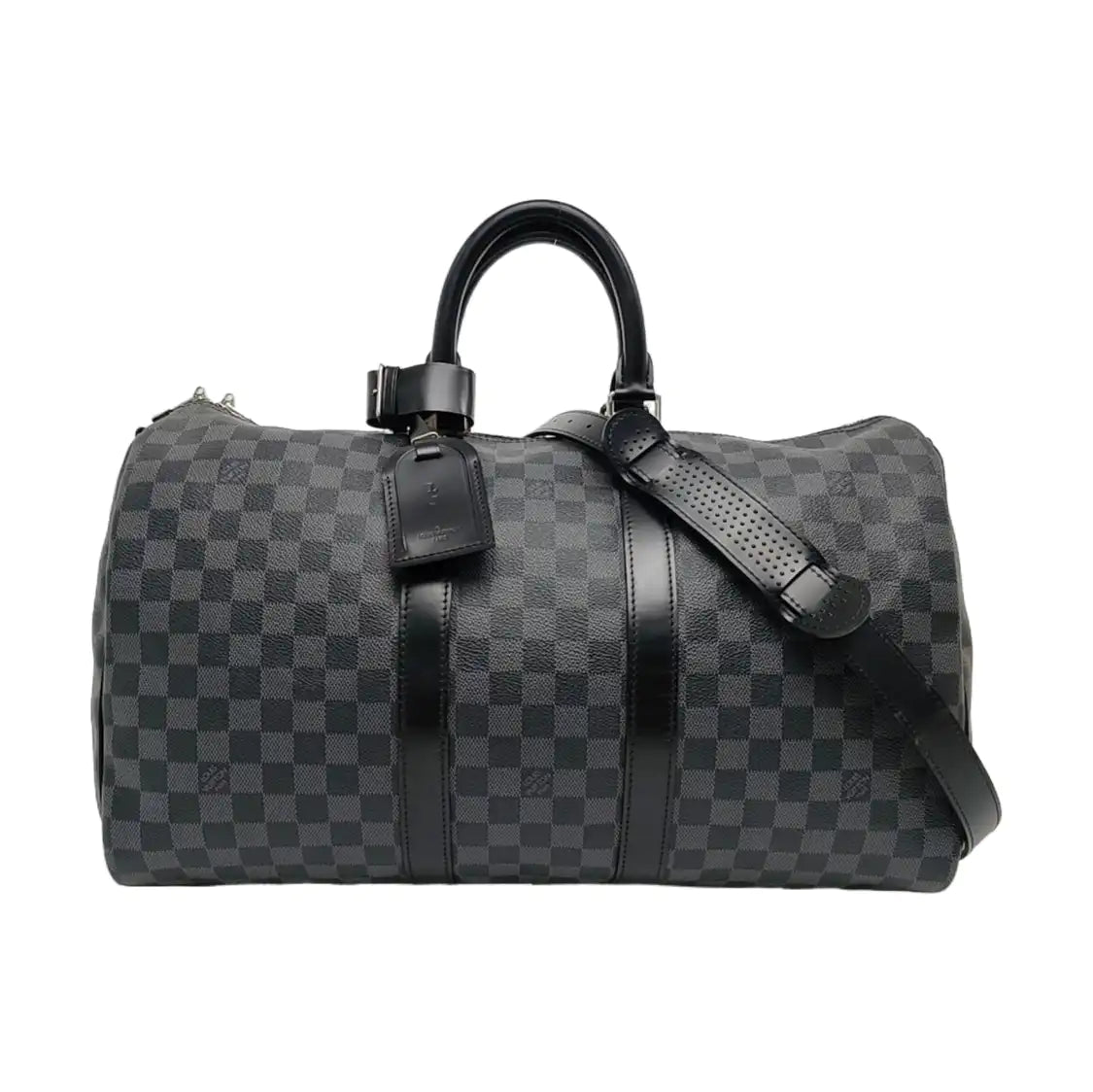 LOUIS VUITTON KEEPALL 45 Grey Coated Canvas Monogram Checkered Shoulder Bag Tote Bag Crossbody Strap-(SKU)-968716297