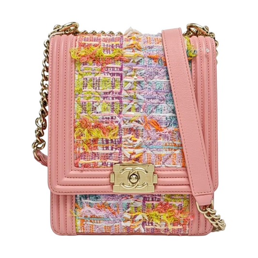 CHANEL BOY CHANEL Pink Tweed Quilted Crossbody Shoulder Bag with Golden Hardware, 27K, Detachable Strap-(SKU)-968690690