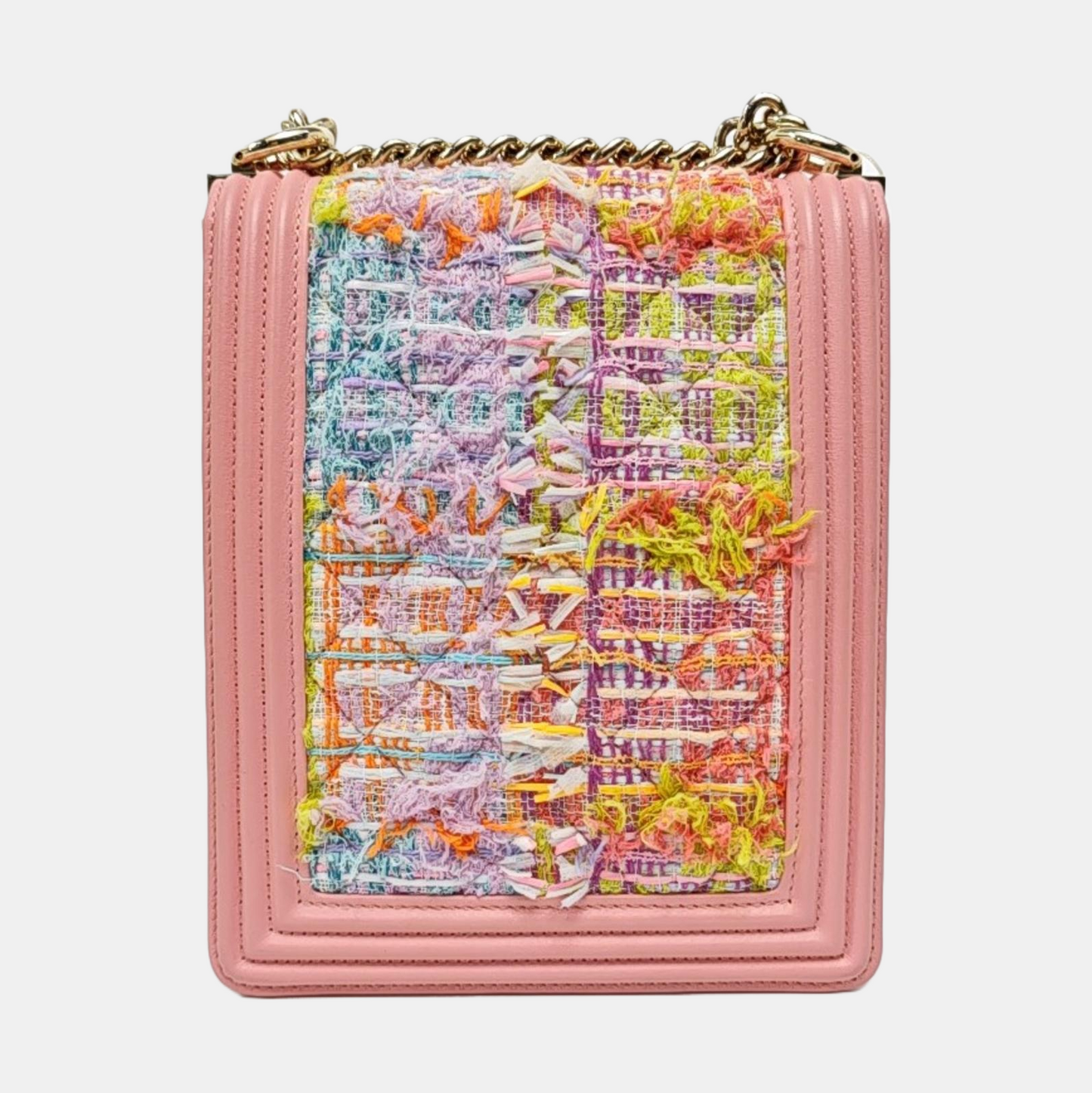 CHANEL BOY CHANEL Pink Tweed Quilted Crossbody Shoulder Bag with Golden Hardware, 27K, Detachable Strap-(SKU)-968690690