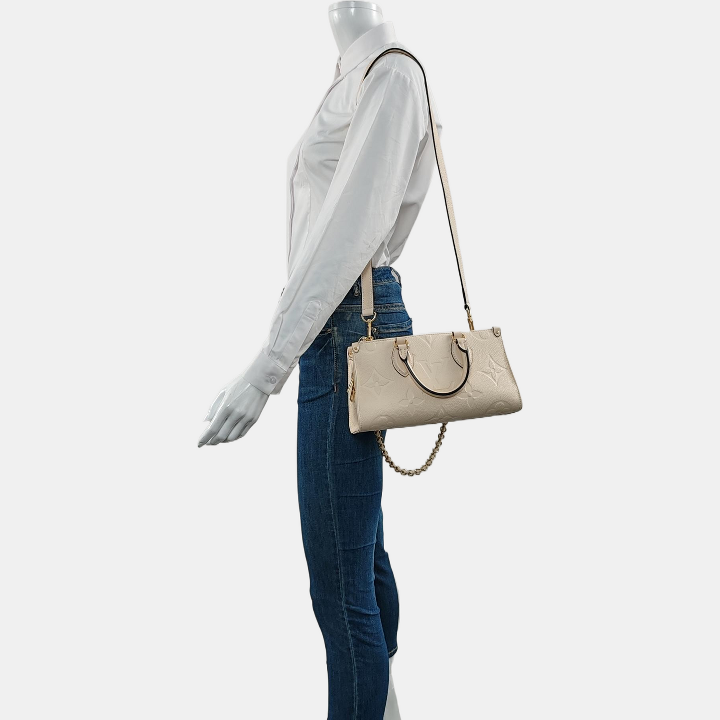 LOUIS VUITTON ONTHEGO EAST WEST Beige Cowhide Monogram Empreinte Jungle Bag Crossbody Shoulder Bag Tote Bag with Gold Hardware 2 Removable Shoulder Straps-(SKU)-968719950