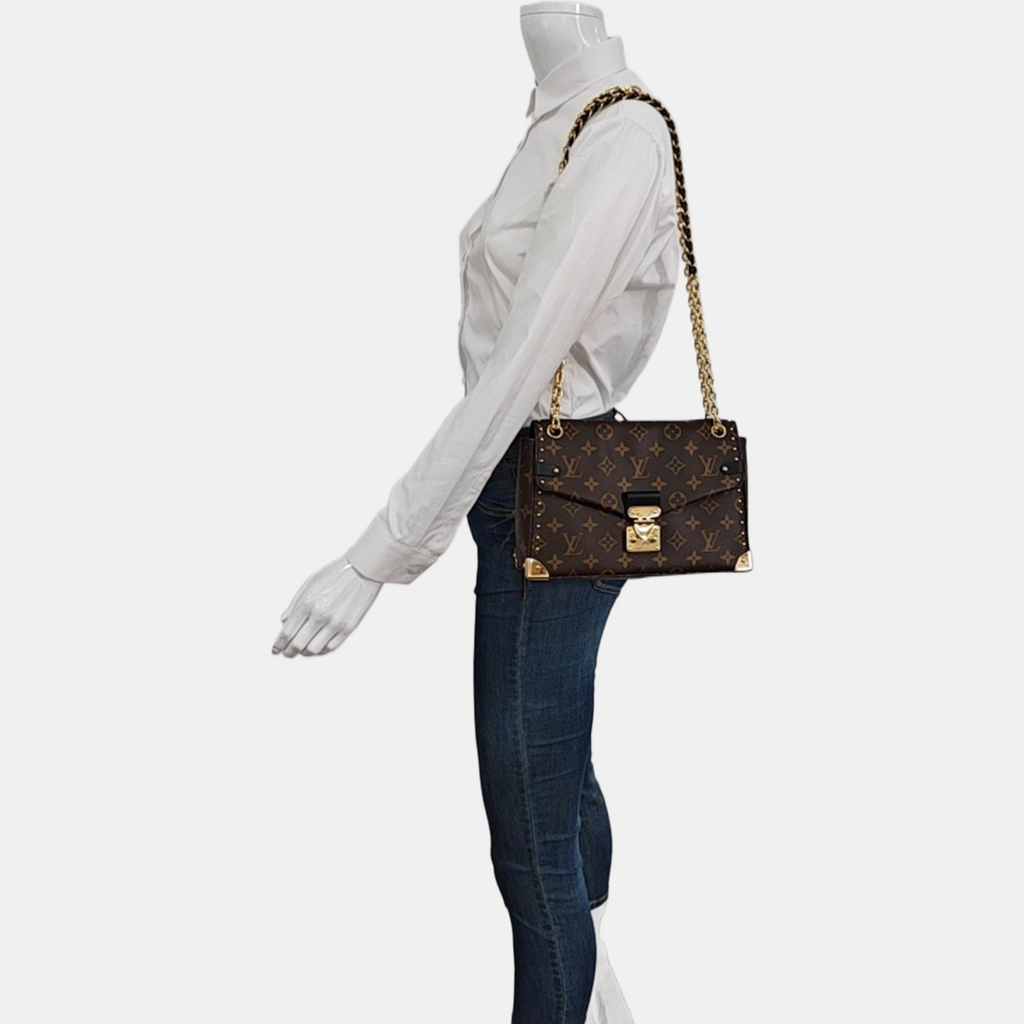 LOUIS VUITTON TRUNKIE Brown Coated Canvas Monogram Studs Crossbody Shoulder Bag with Gold Hardware-(SKU)-968485400
