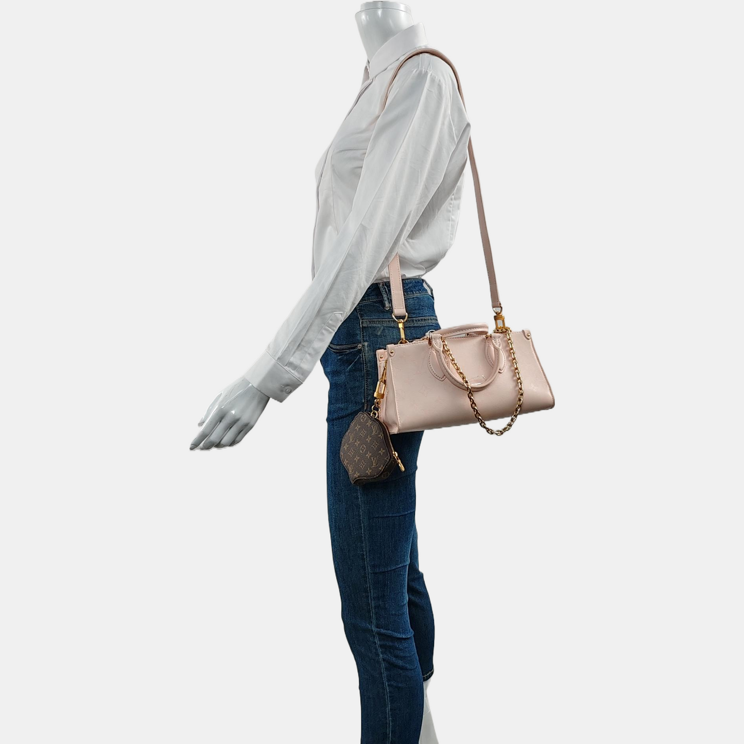 LOUIS VUITTON ONTHEGO small size pink leather Monogram shoulder bag with gold hardware and 2 detachable straps-(SKU)-968753925