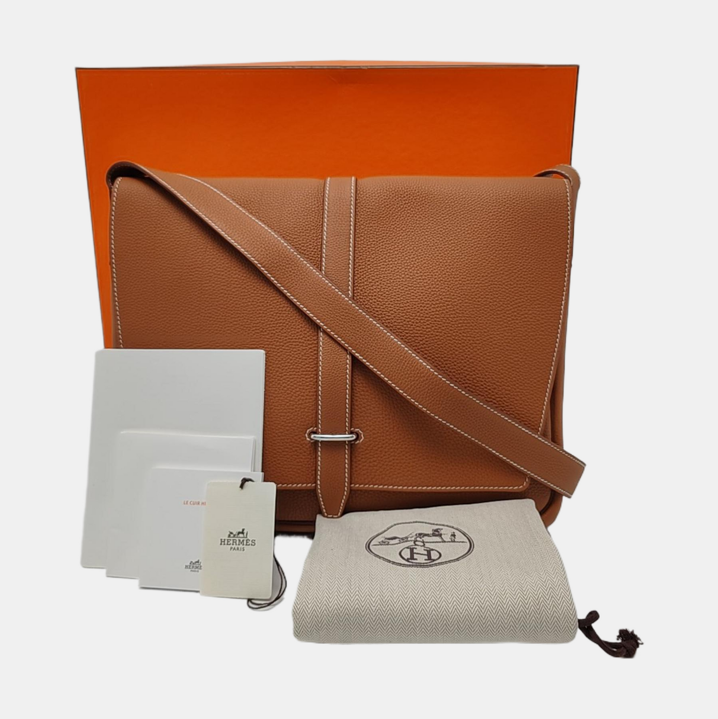 HERMÈS Steve Brown Togo Leather Shoulder Bag Crossbody with Silver Hardware, C, Complete Accessories-(SKU)-968650059