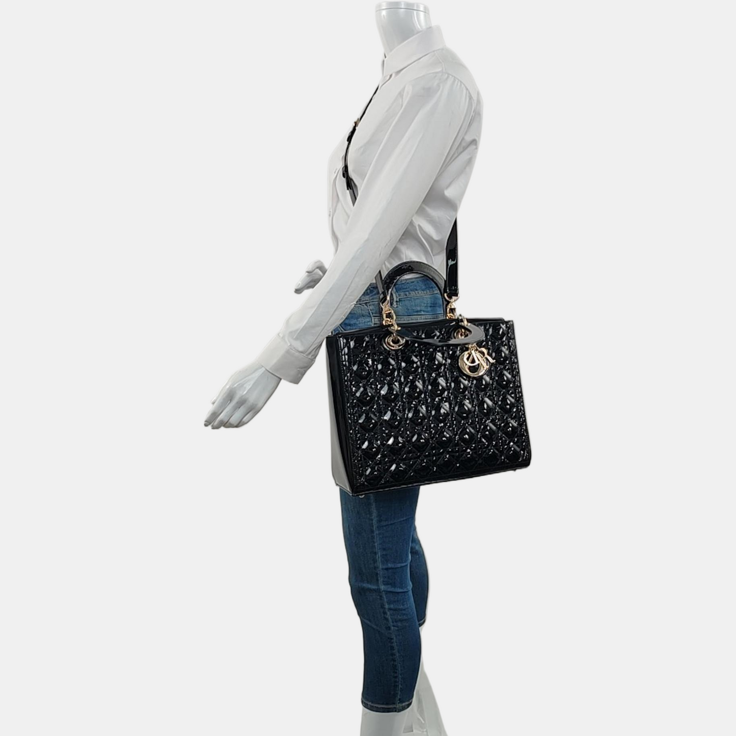 DIOR Lady Dior Large Black Patent Leather Quilted Cannage Diagonal Shoulder Bag with Detachable Strap-(SKU)-968905139