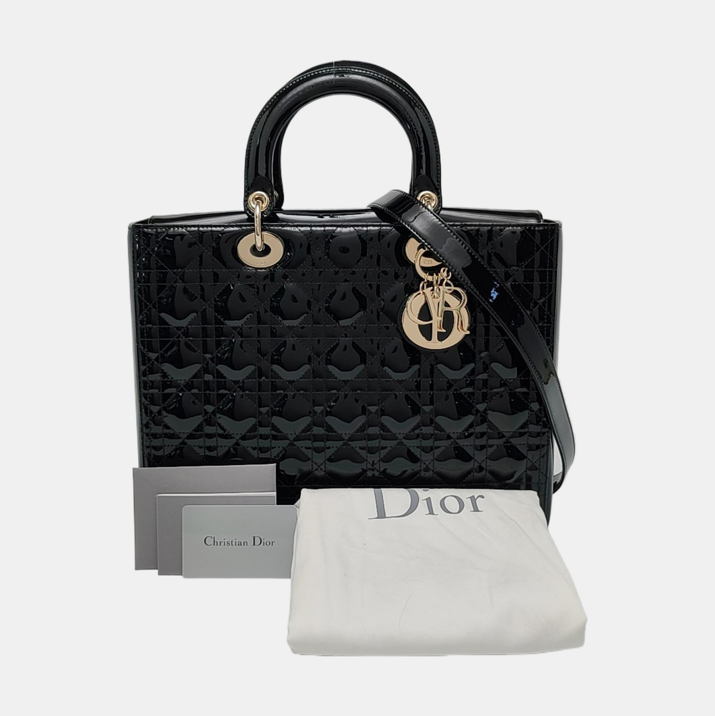 DIOR Lady Dior Large Black Patent Leather Quilted Cannage Diagonal Shoulder Bag with Detachable Strap-(SKU)-968905139