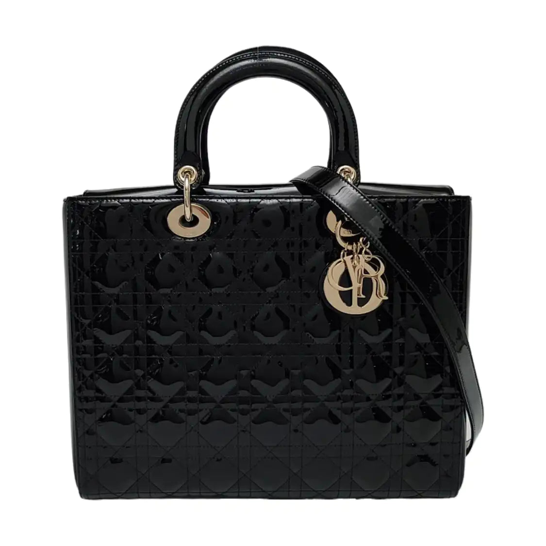 DIOR Lady Dior Large Black Patent Leather Quilted Cannage Diagonal Shoulder Bag with Detachable Strap-(SKU)-968905139
