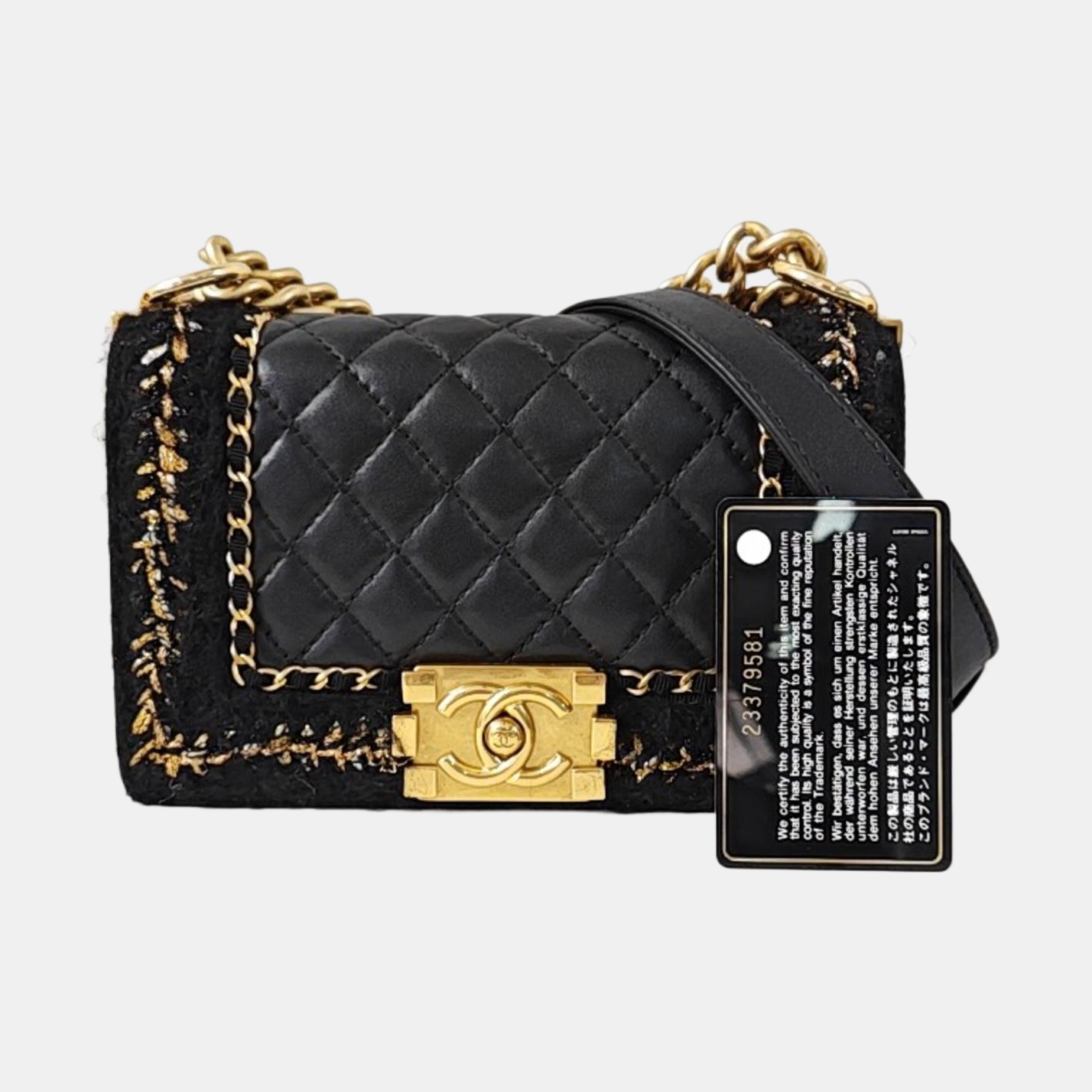 CHANEL BOY CHANEL Small Size Black Calfskin Quilted Diagonal Bag, Shoulder Bag with Detachable Strap, Golden Hardware, 23 Clasps-(SKU)-968888803