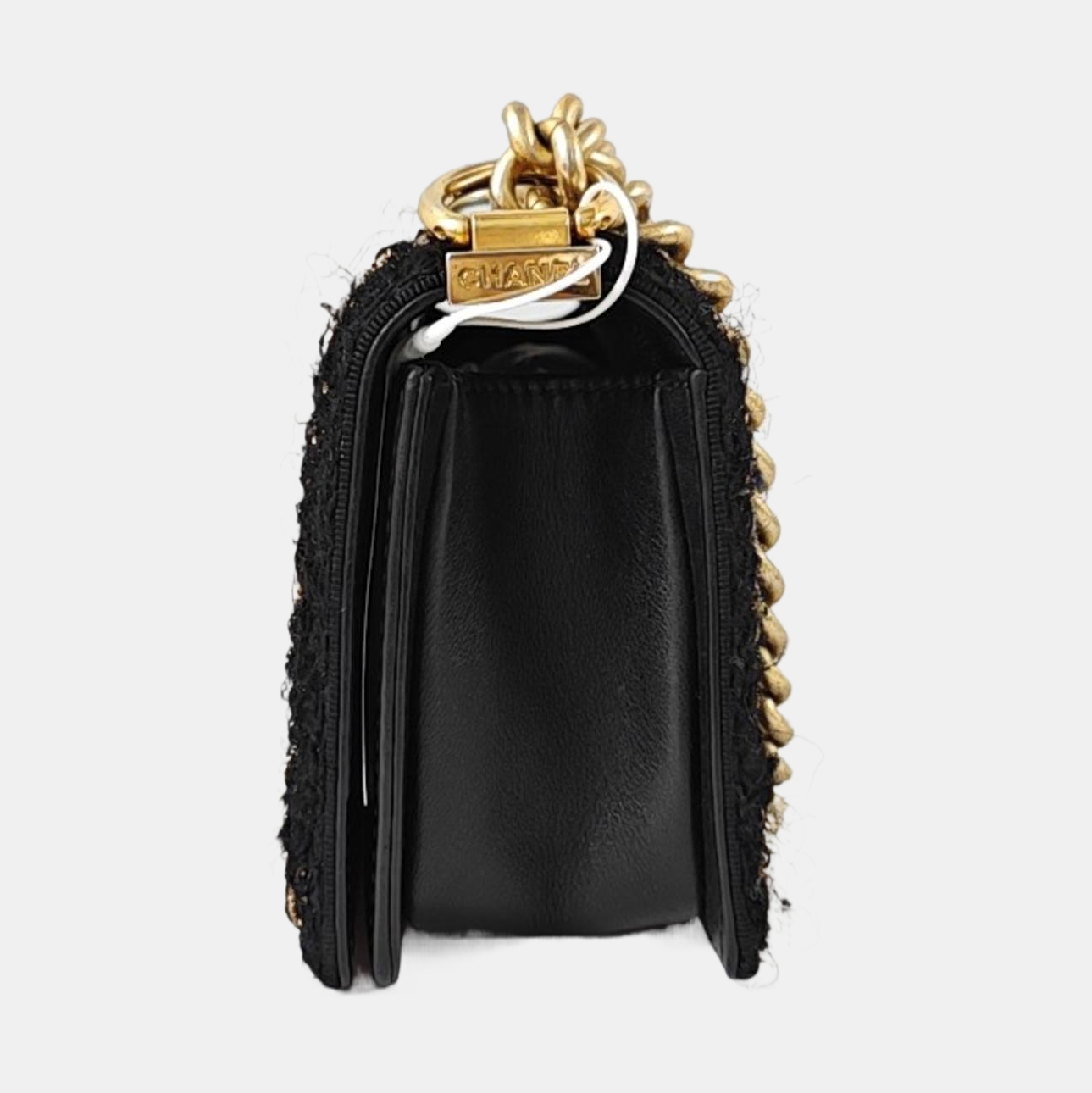 CHANEL BOY CHANEL Small Size Black Calfskin Quilted Diagonal Bag, Shoulder Bag with Detachable Strap, Golden Hardware, 23 Clasps-(SKU)-968888803