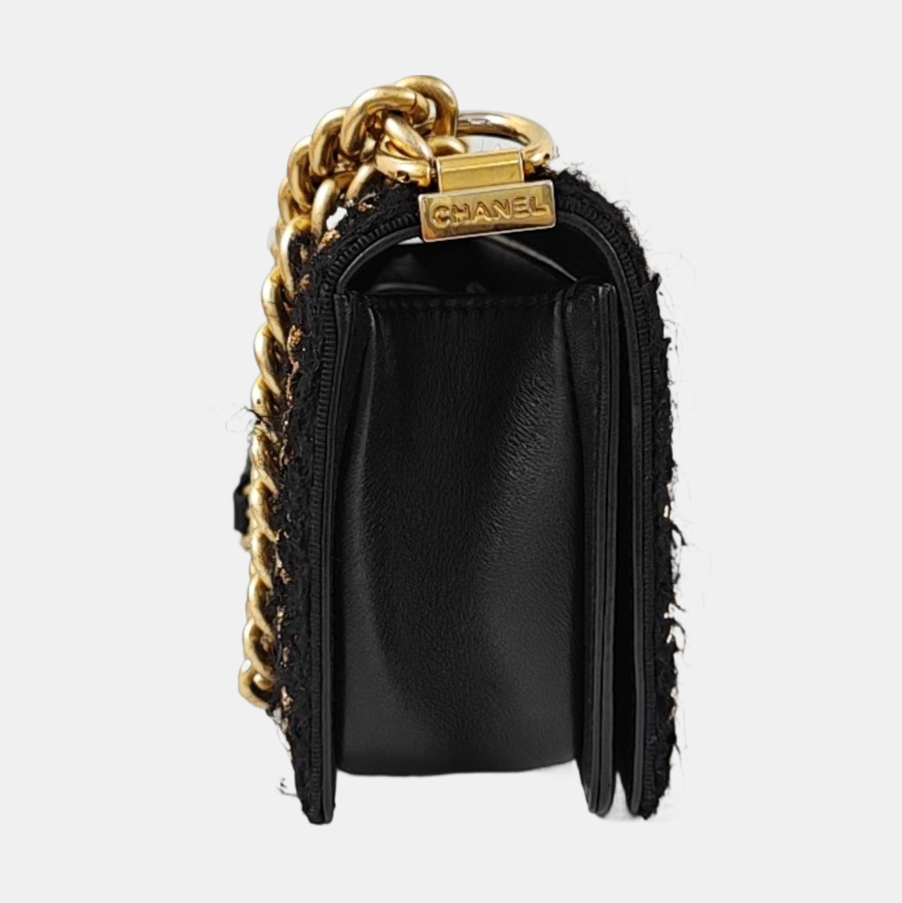 CHANEL BOY CHANEL Small Size Black Calfskin Quilted Diagonal Bag, Shoulder Bag with Detachable Strap, Golden Hardware, 23 Clasps-(SKU)-968888803