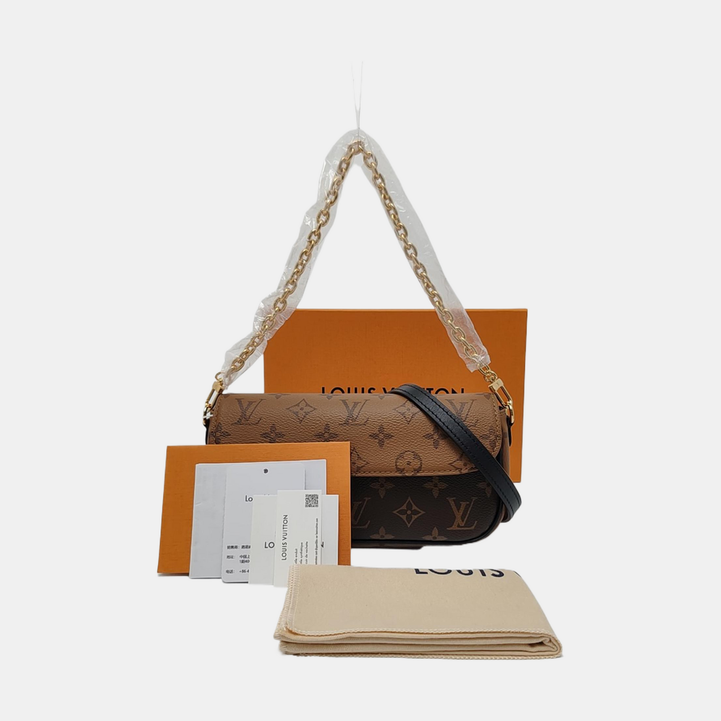 LOUIS VUITTON IVY Brown Coated Canvas Monogram Crossbody Bag Shoulder Bag Golden Hardware 2 Removable Straps Accessories Included-(SKU)-962960162