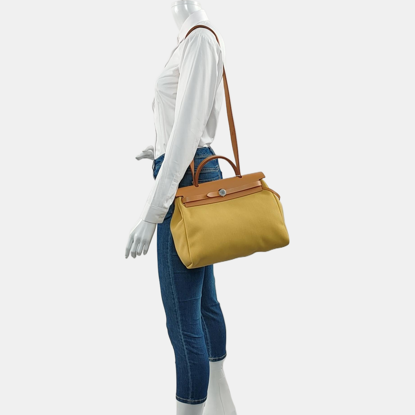 HERMÈS Herbag 31 Fennel Canvas Crossbody, Tote, and Shoulder Bag with Silver Hardware D, Detachable Strap-(SKU)-968228092
