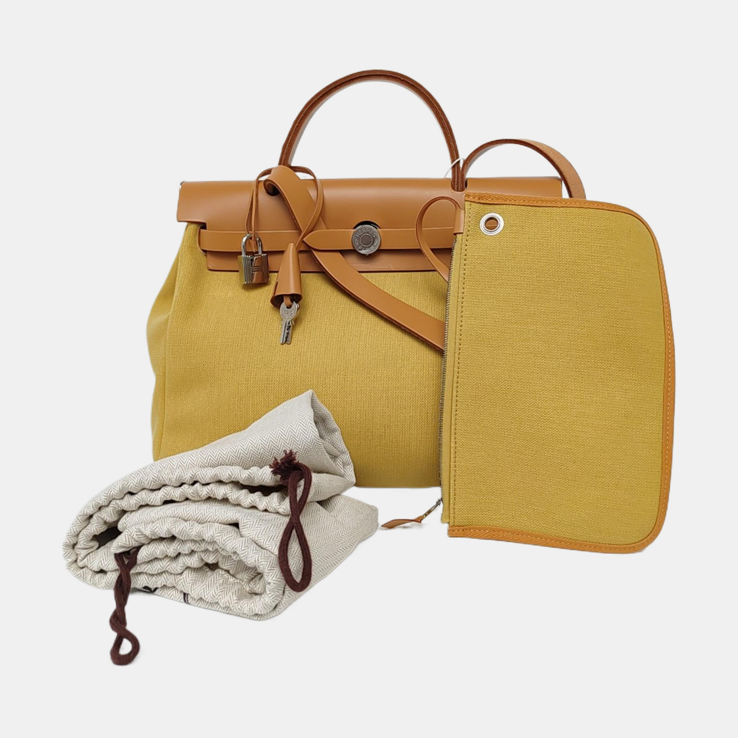 HERMÈS Herbag 31 Fennel Canvas Crossbody, Tote, and Shoulder Bag with Silver Hardware D, Detachable Strap-(SKU)-968228092